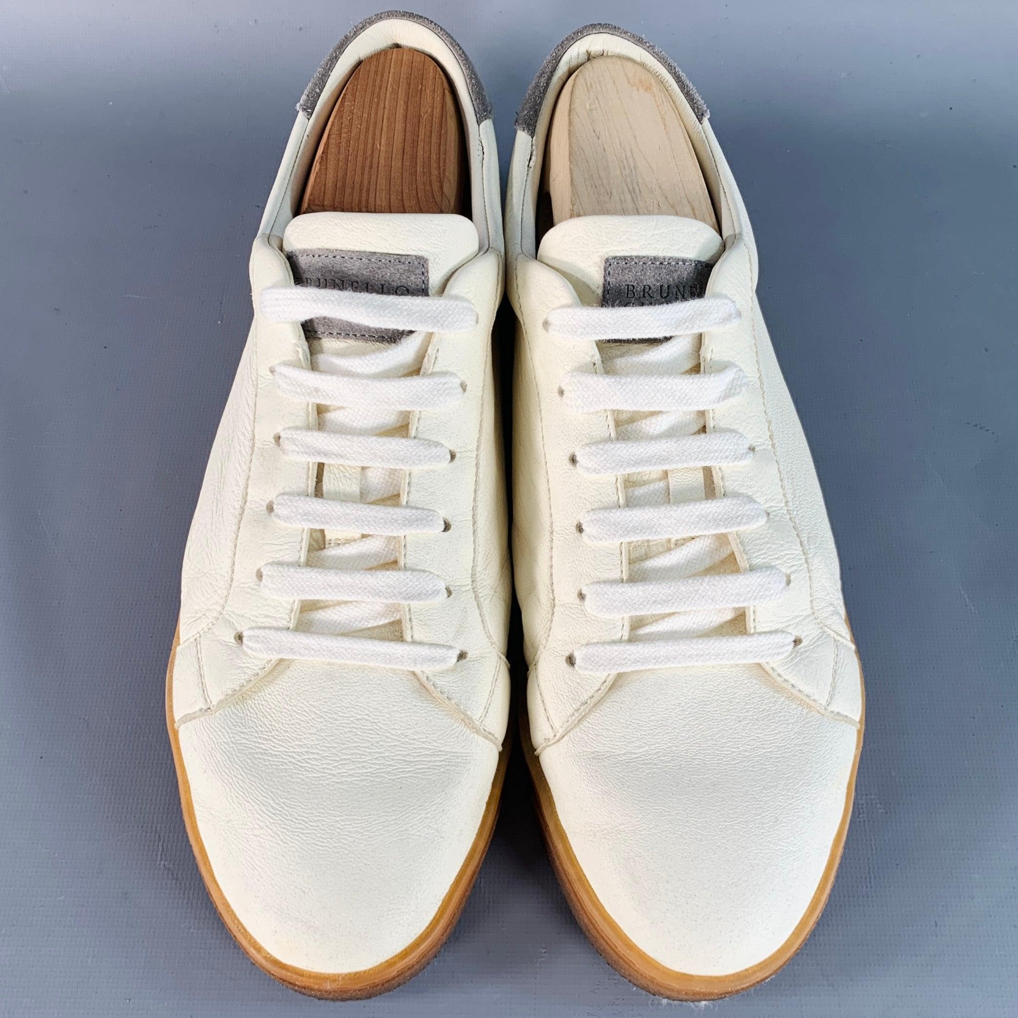 BRUNELLO CUCINELLI Grö�ße 9 Off White Grau Leder Low Top Sneakers Herren im Angebot