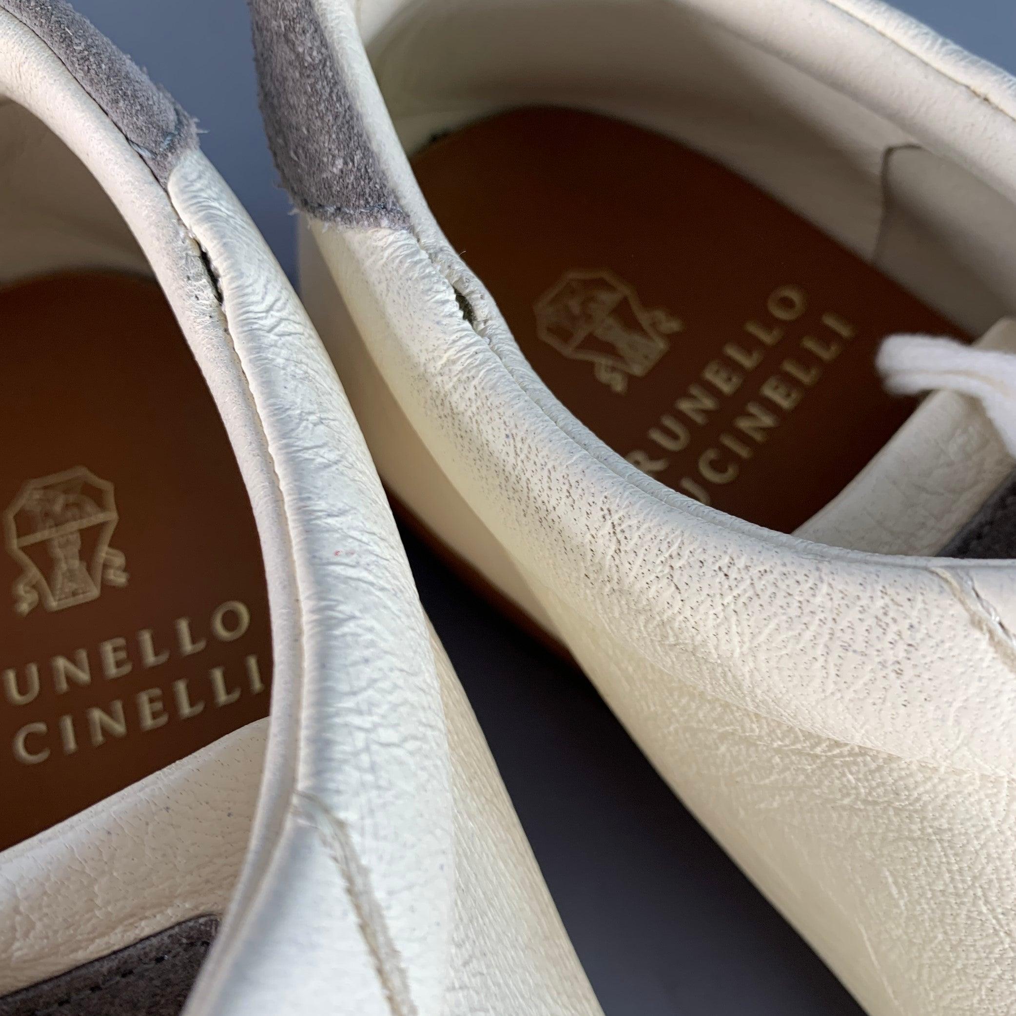 BRUNELLO CUCINELLI Größe 9 Off White Grau Leder Low Top Sneakers im Angebot 5