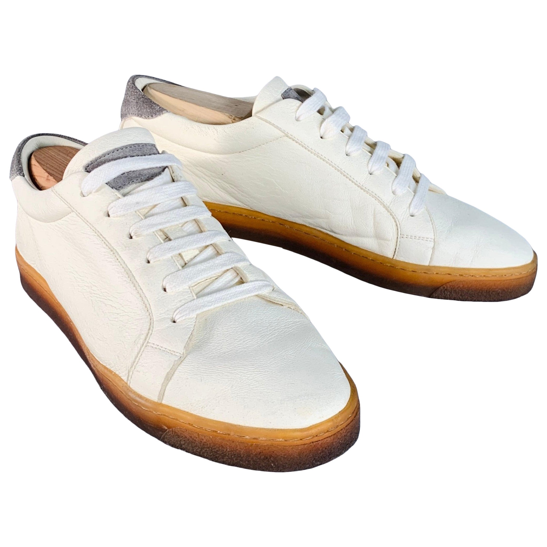 BRUNELLO CUCINELLI Größe 9 Off White Grau Leder Low Top Sneakers im Angebot