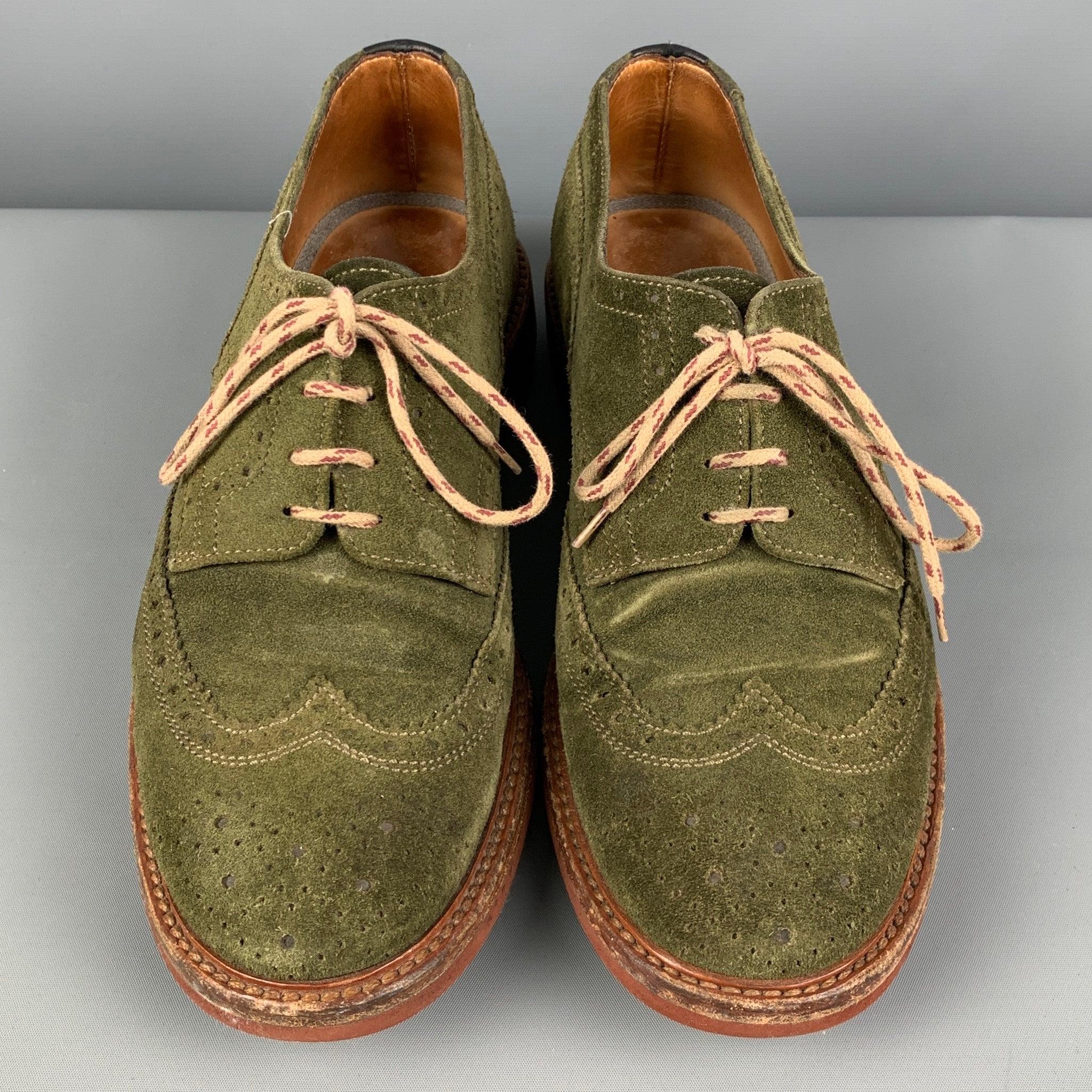 Men's BRUNELLO CUCINELLI Size 9 Olive Suede Wingtip Lace Up Shoes For Sale