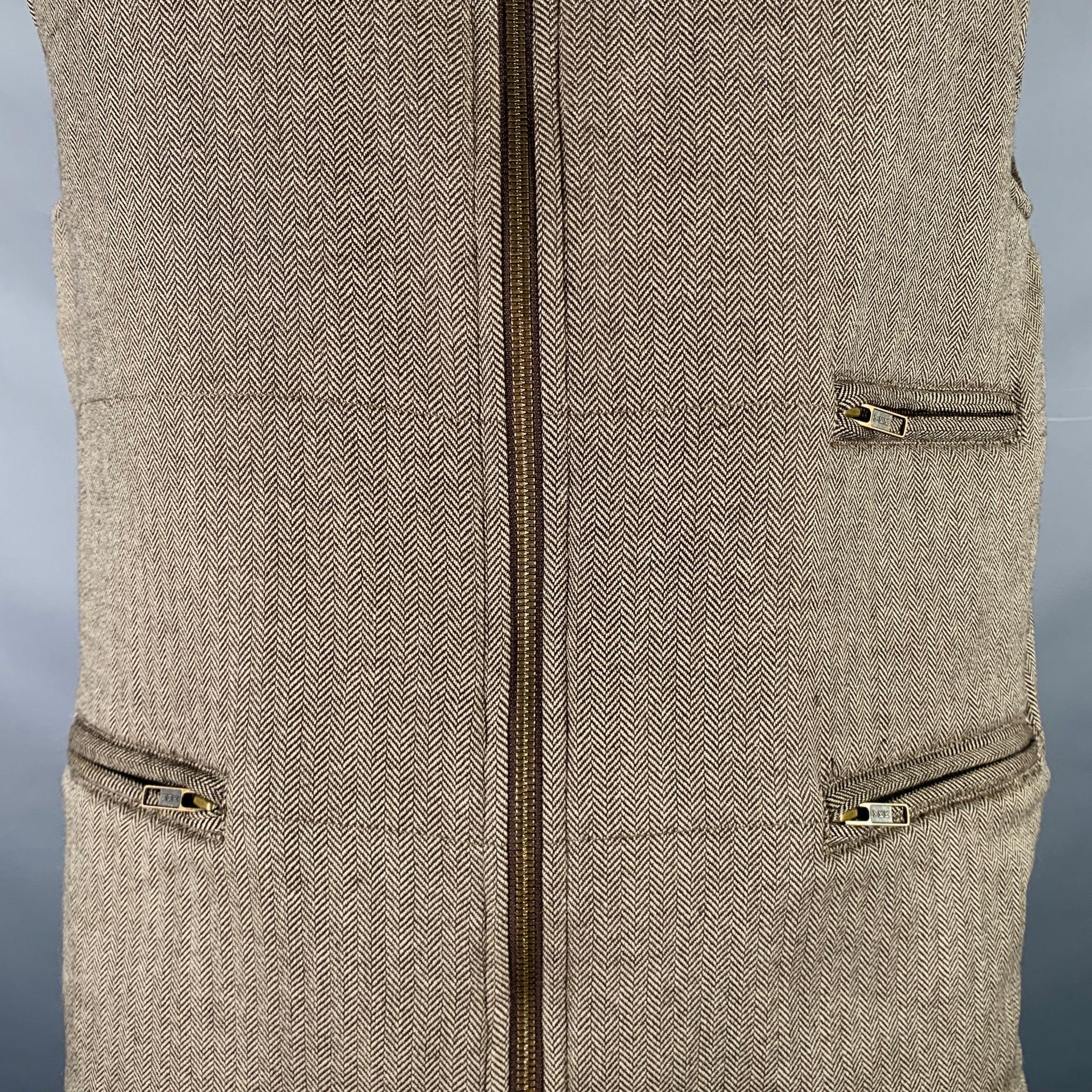 BRUNELLO CUCINELLI Size L Beige Brown Wool Herringbone Vest In Excellent Condition In San Francisco, CA