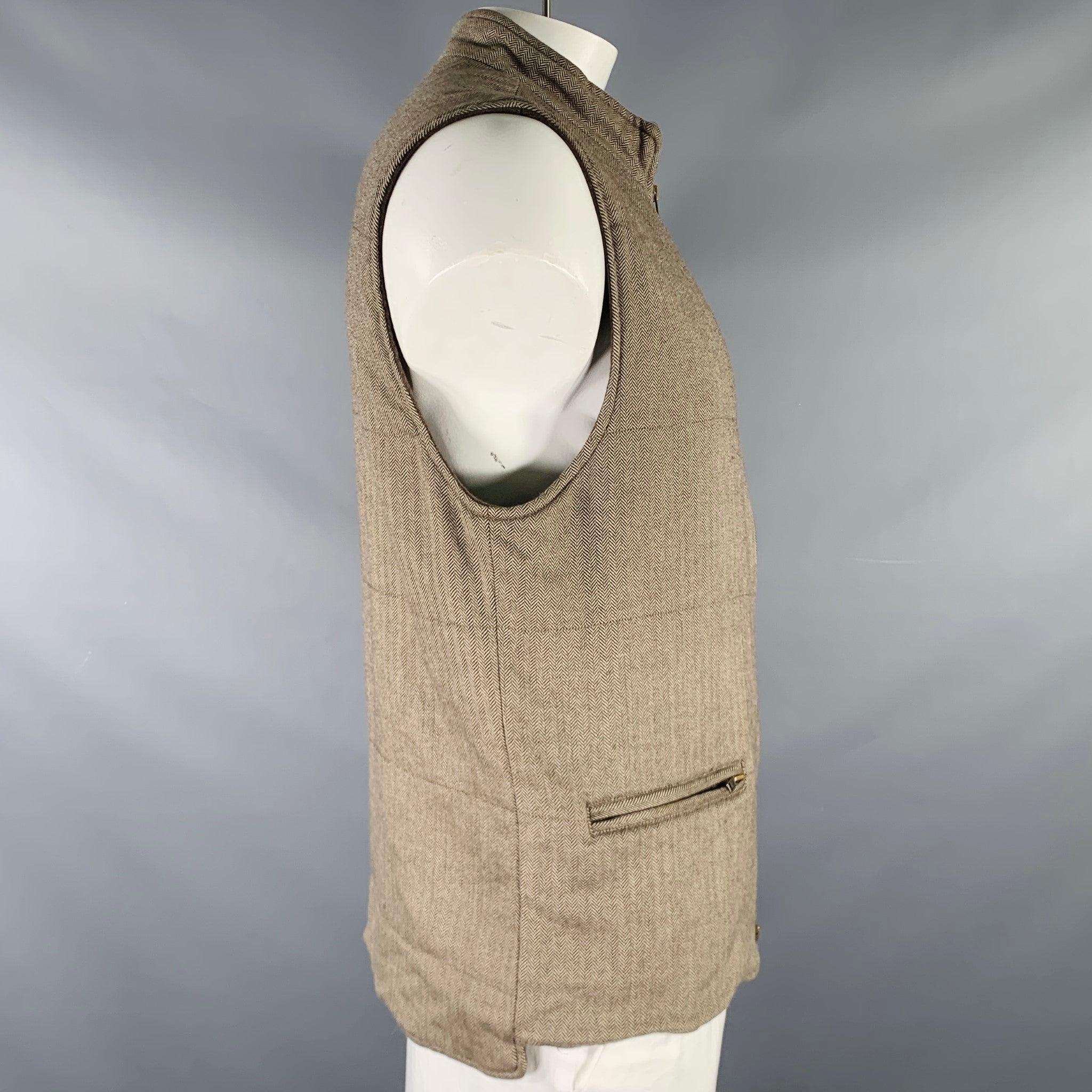 Men's BRUNELLO CUCINELLI Size L Beige Brown Wool Herringbone Vest