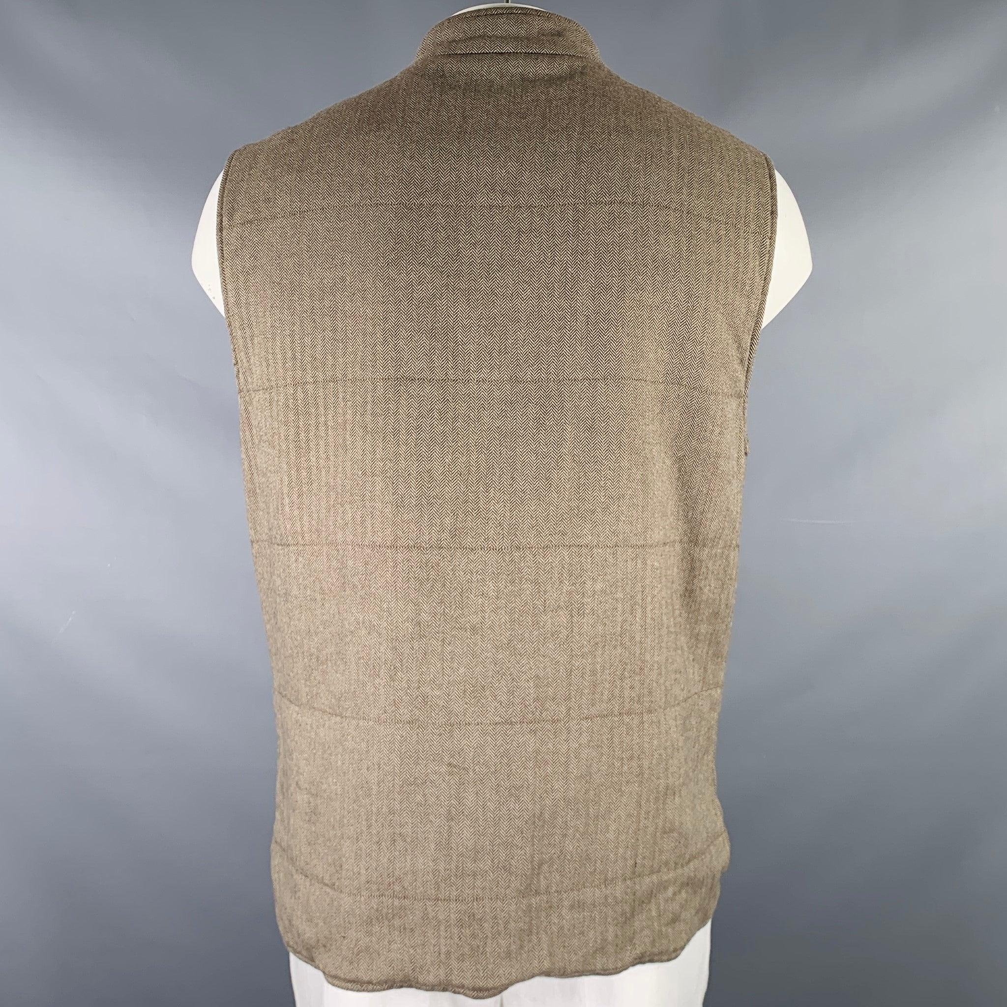 BRUNELLO CUCINELLI Size L Beige Brown Wool Herringbone Vest 1
