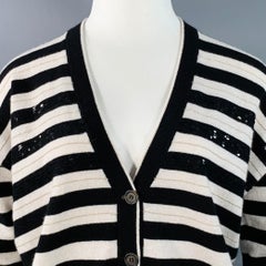 BRUNELLO CUCINELLI Size L Black White Cashmere Stripe Monili Beaded Sequined Cardigan