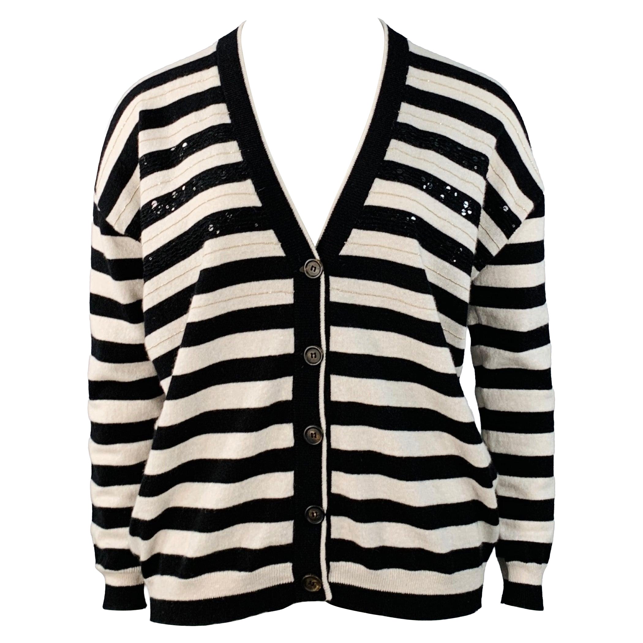 BRUNELLO CUCINELLI Size L Black White Cashmere Stripe Monili Beaded Sequined Cardigan
