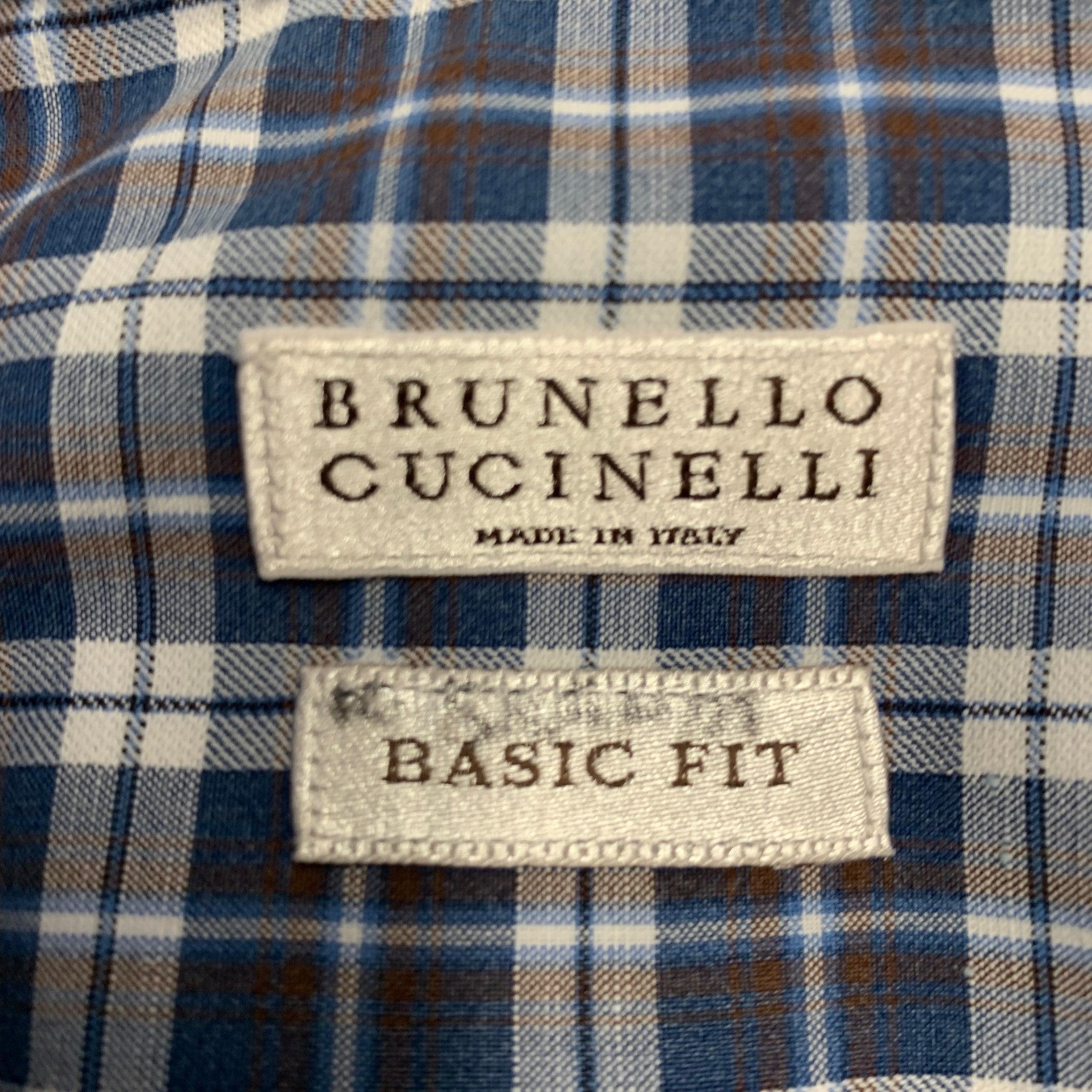 BRUNELLO CUCINELLI Taglia L Camicia a maniche lunghe in cotone a scacchi blu e bianchi, Basic Fit in vendita 1