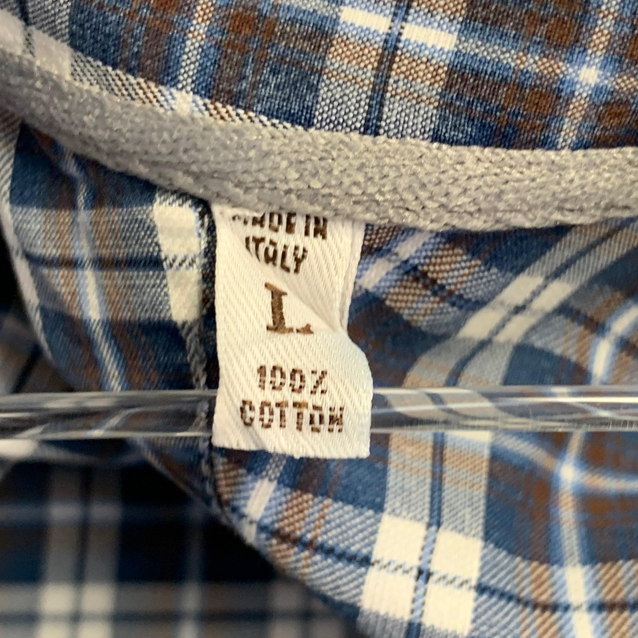 BRUNELLO CUCINELLI Taglia L Camicia a maniche lunghe in cotone a scacchi blu e bianchi, Basic Fit in vendita 2