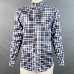 BRUNELLO CUCINELLI Größe L Blau Weiß Kariert Baumwolle Basic Fit Langarmhemd