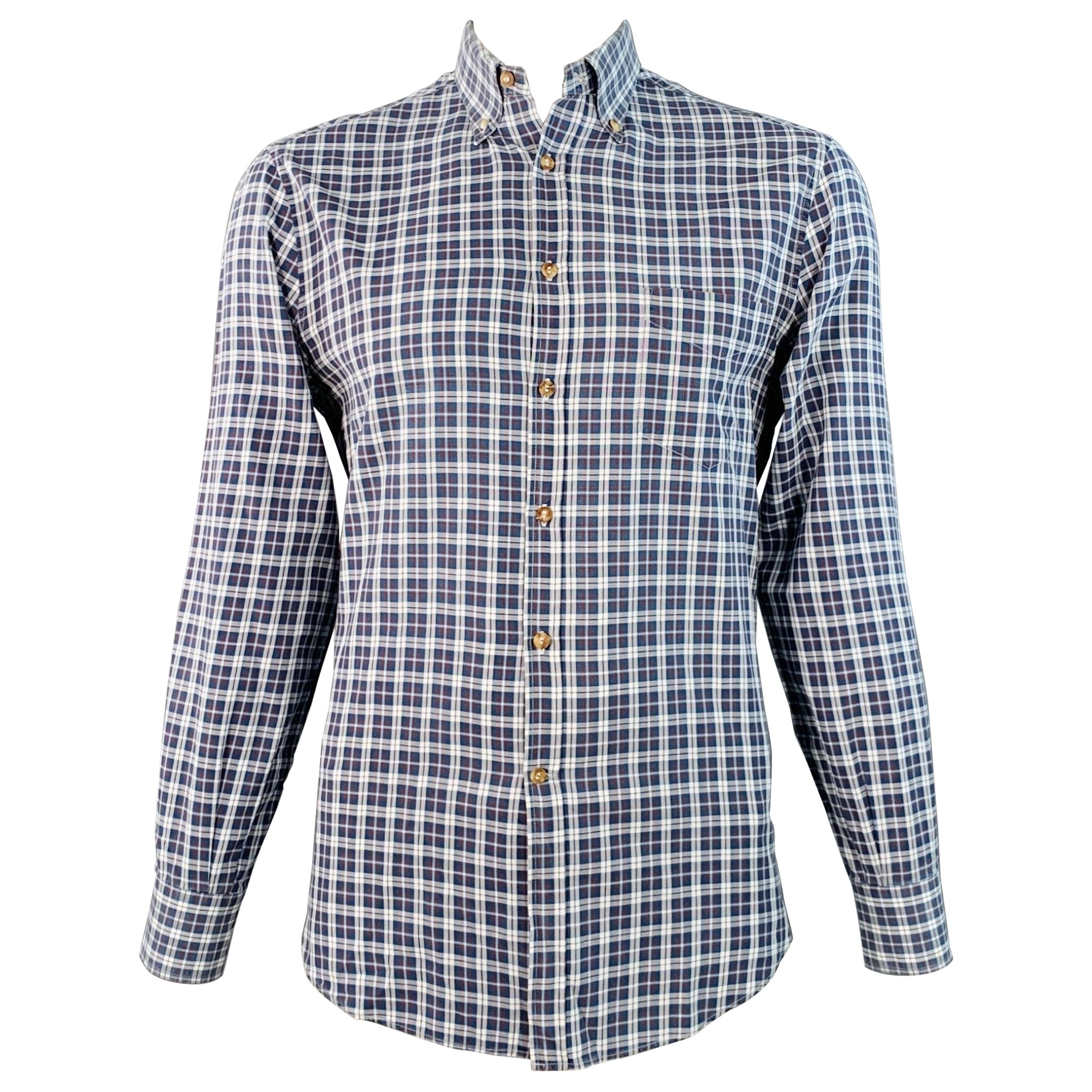 BRUNELLO CUCINELLI Taglia L Camicia a maniche lunghe in cotone a scacchi blu e bianchi, Basic Fit