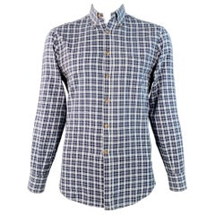 BRUNELLO CUCINELLI Taglia L Camicia a maniche lunghe in cotone a scacchi blu e bianchi, Basic Fit