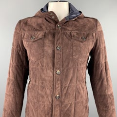 BRUNELLO CUCINELLI Size L Brown Quilted Suede Snaps Hooded Jacket