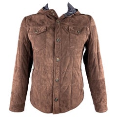 BRUNELLO CUCINELLI Size L Brown Quilted Suede Snaps Hooded Jacket