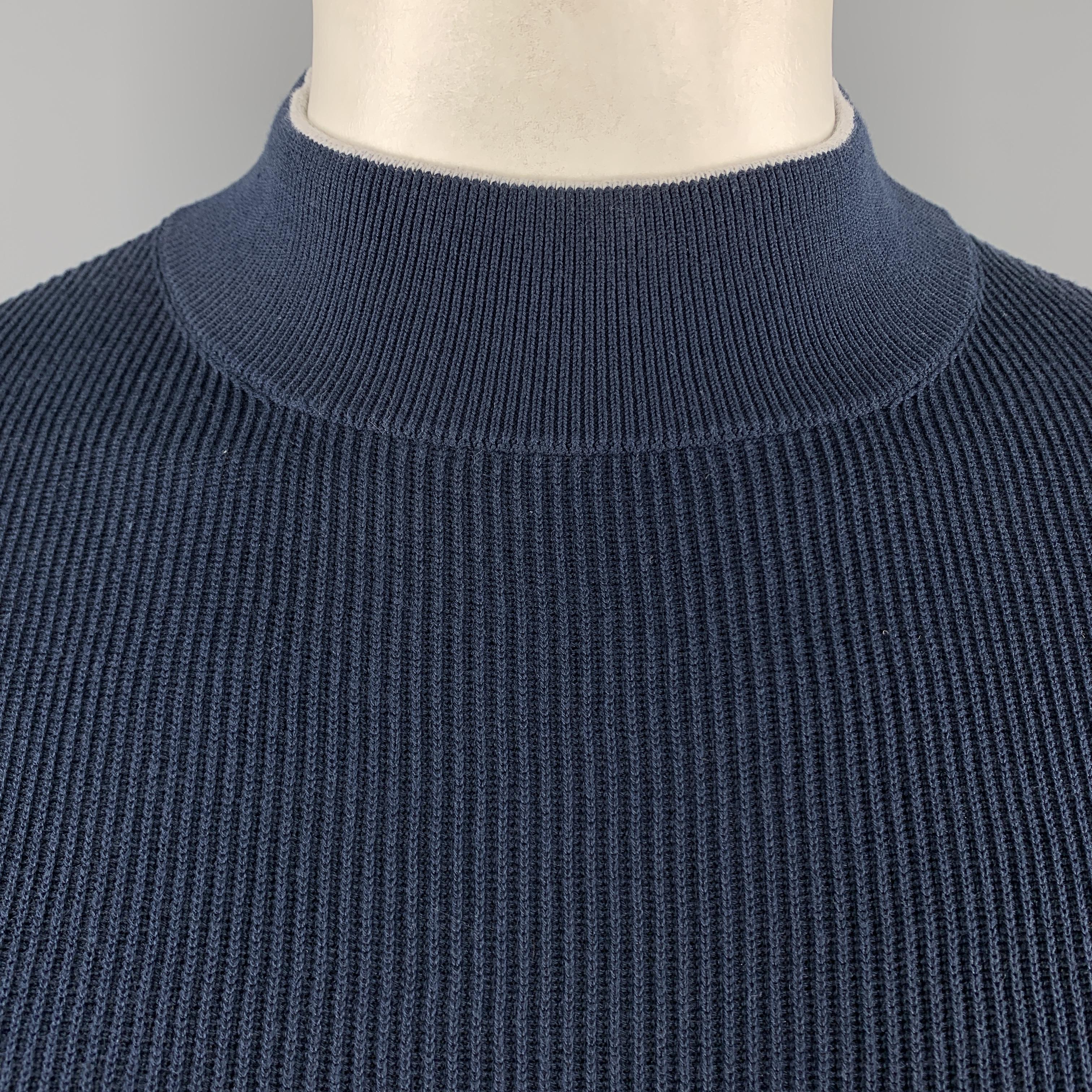 BRUNELLO CUCINELLI pullover comes in navy blue cotton ribbed knit with a high mock neck collar trimmed with a gray stripe. Made in Italy.

New without Tags. 
Marked: IT 54

Measurements:

Shoulder: 18 in.
Chest: 46 in.
Sleeve: 29 in.
Length: 30.5