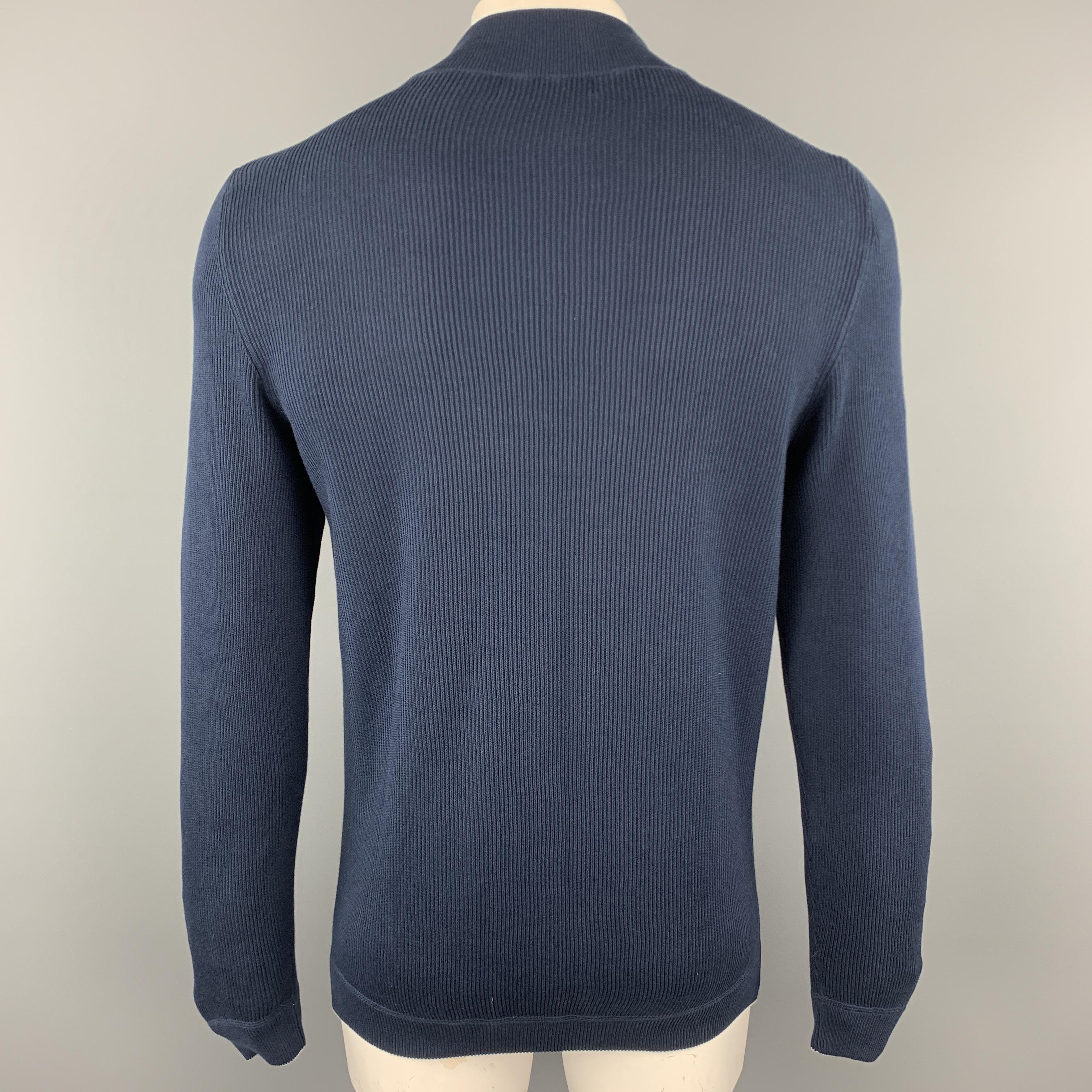 BRUNELLO CUCINELLI Size L Navy Ribbed Knit Cotton High Mock Collar Pullover In New Condition In San Francisco, CA