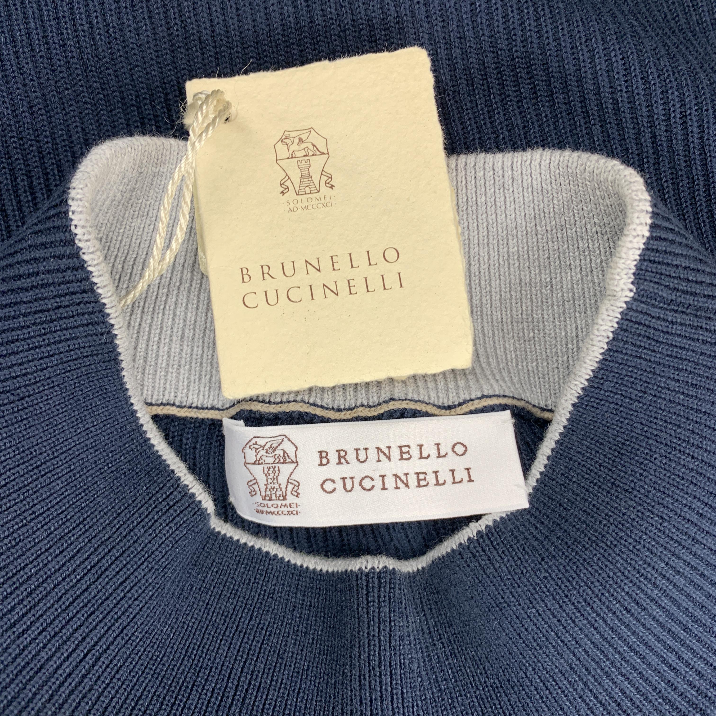Men's BRUNELLO CUCINELLI Size L Navy Ribbed Knit Cotton High Mock Collar Pullover