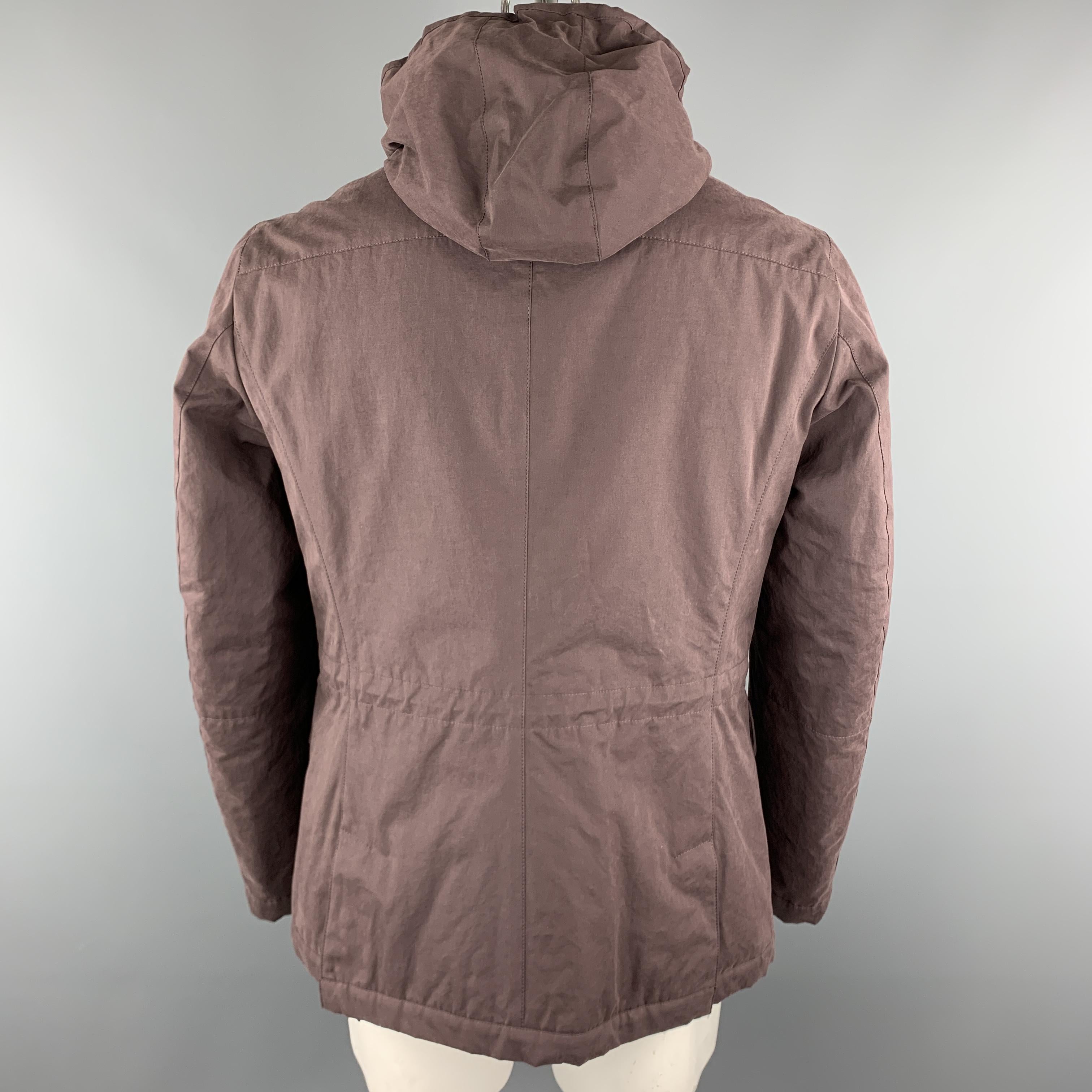 BRUNELLO CUCINELLI Size L Plum Cotton Blend Hooded Patch Pockets Zip & Snaps Jac In New Condition In San Francisco, CA