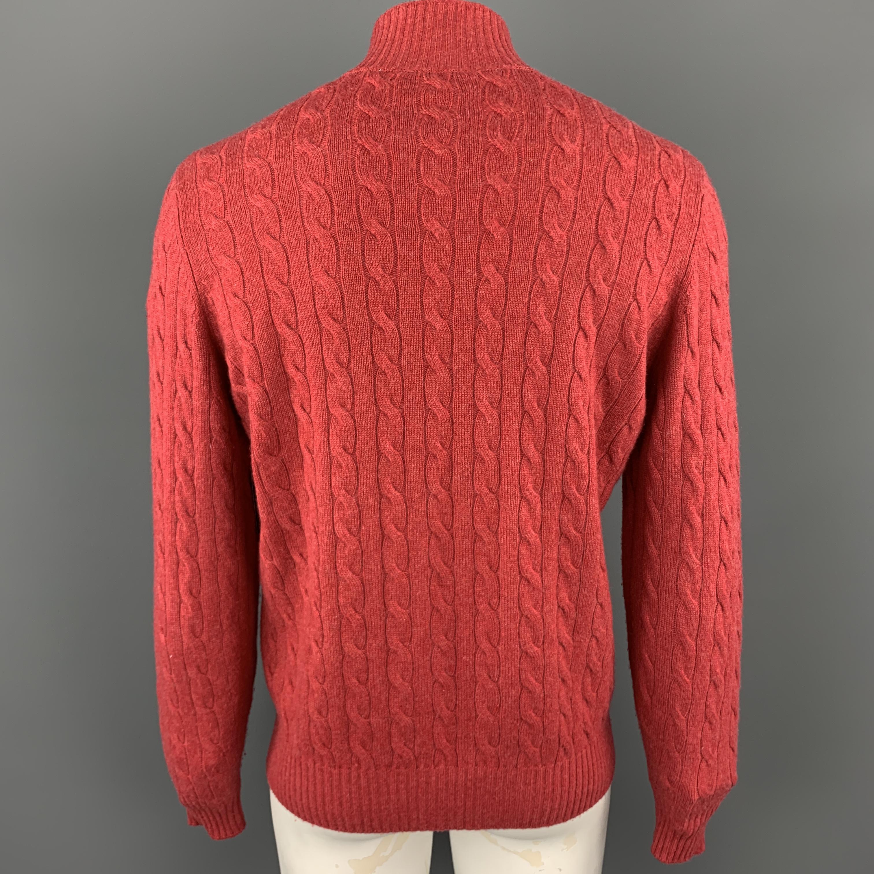 BRUNELLO CUCINELLI Size L Red Cable Knit Cashmere Half Buttoned High Collar Pull In Excellent Condition In San Francisco, CA
