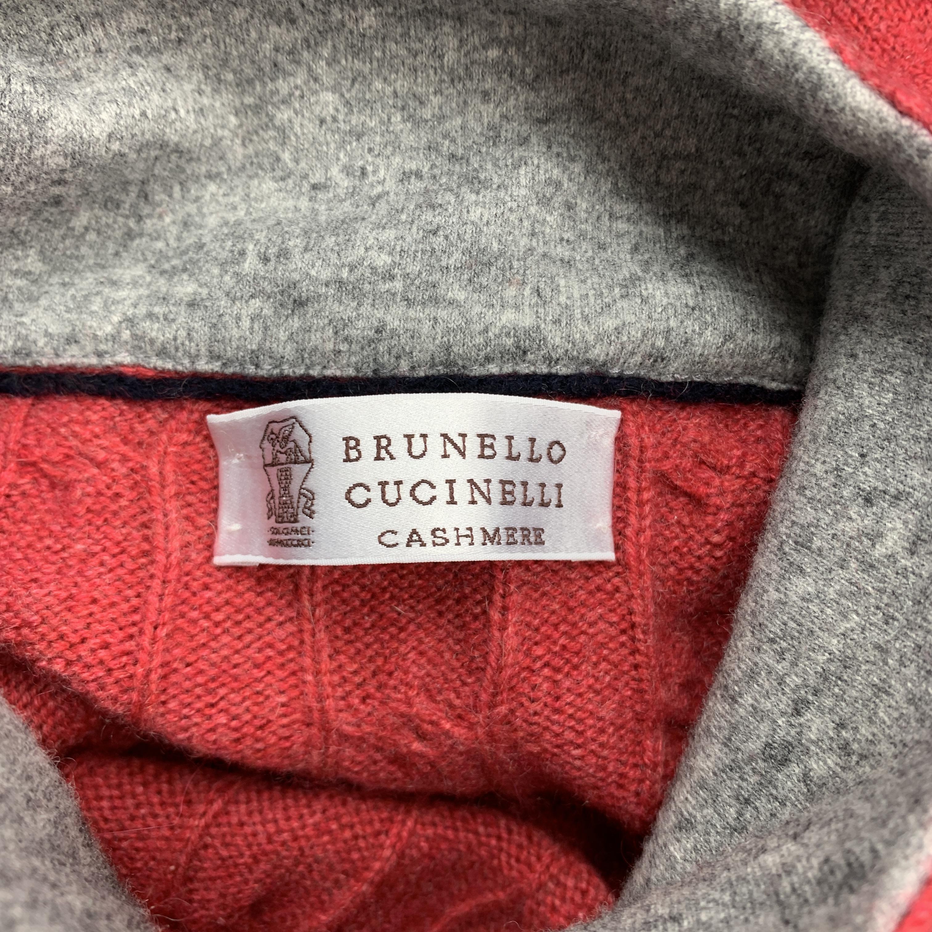BRUNELLO CUCINELLI Size L Red Cable Knit Cashmere Half Buttoned High Collar Pull 1