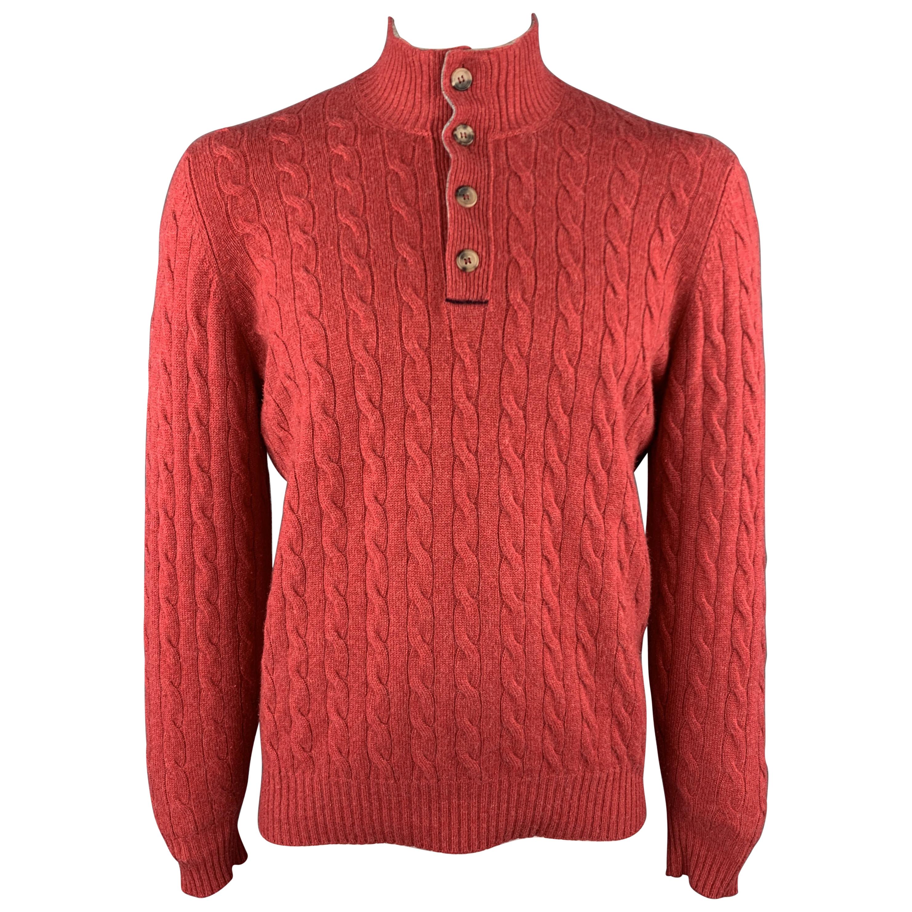BRUNELLO CUCINELLI Size L Red Cable Knit Cashmere Half Buttoned High Collar Pull