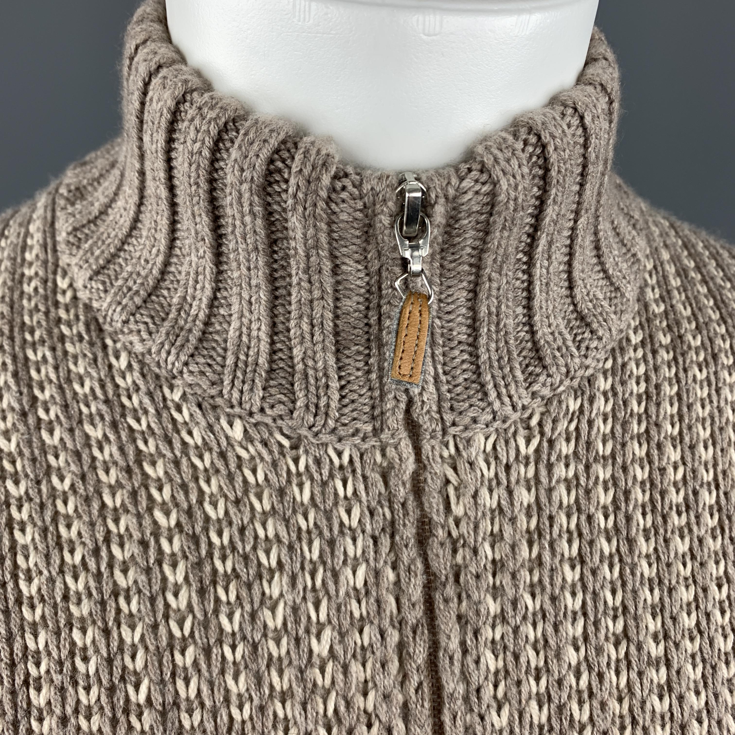 Brown BRUNELLO CUCINELLI Size L Taupe & Cream Striped Wool / Cashmere Zip Up Cardigan