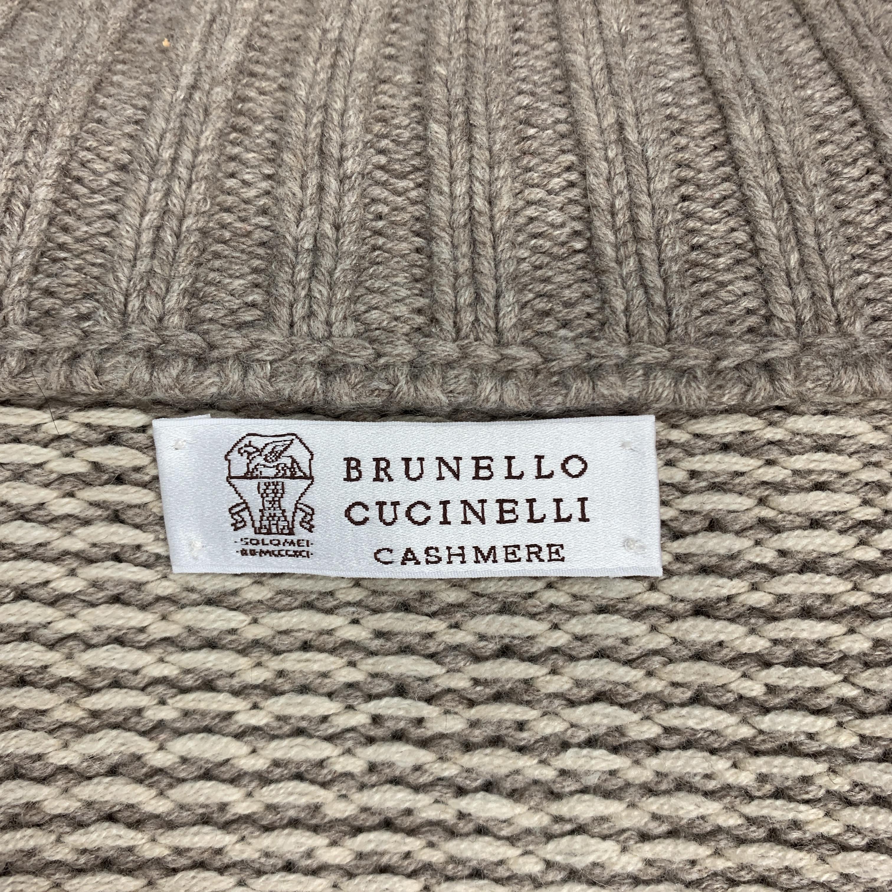 BRUNELLO CUCINELLI Size L Taupe & Cream Striped Wool / Cashmere Zip Up Cardigan 1