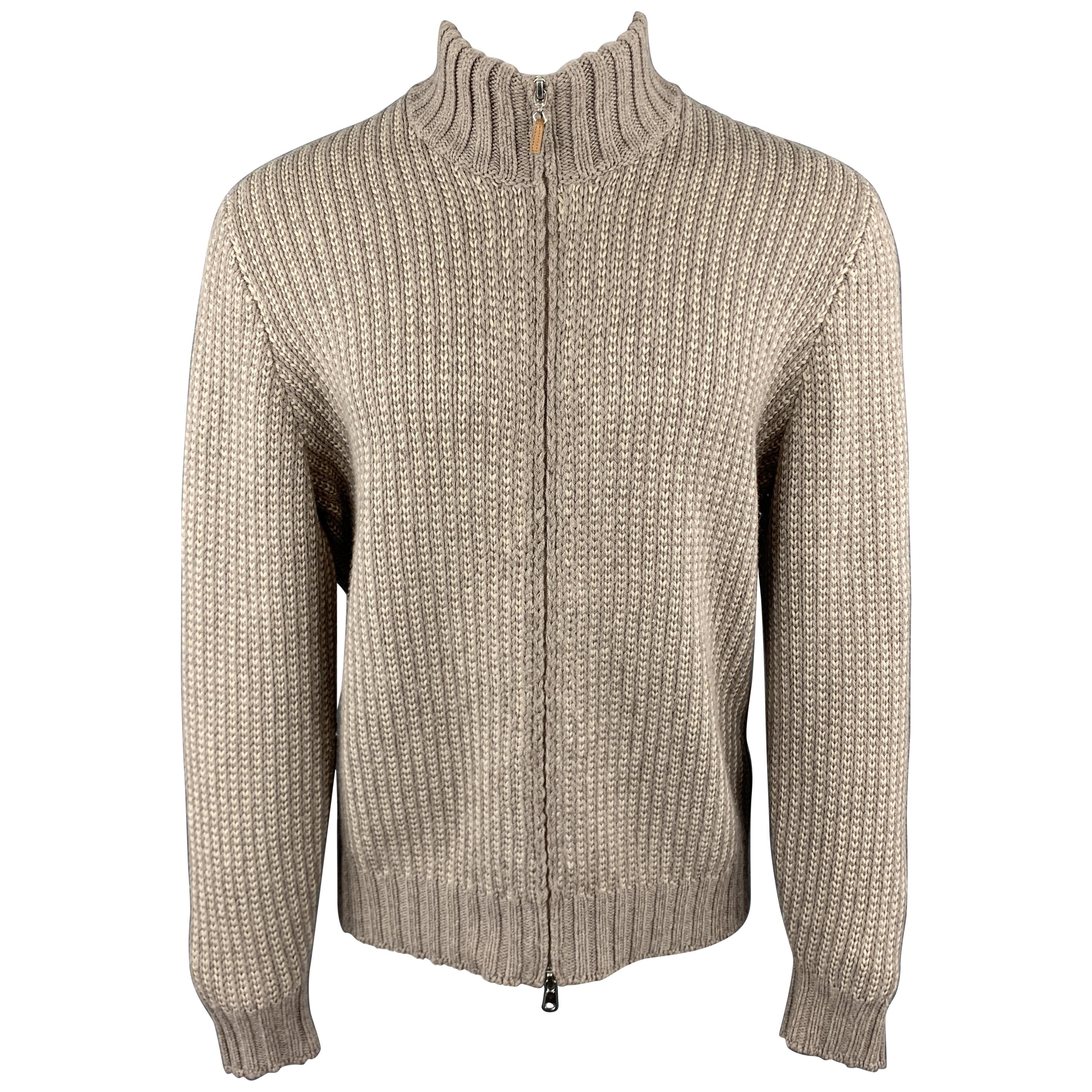 BRUNELLO CUCINELLI Size L Taupe & Cream Striped Wool / Cashmere Zip Up Cardigan