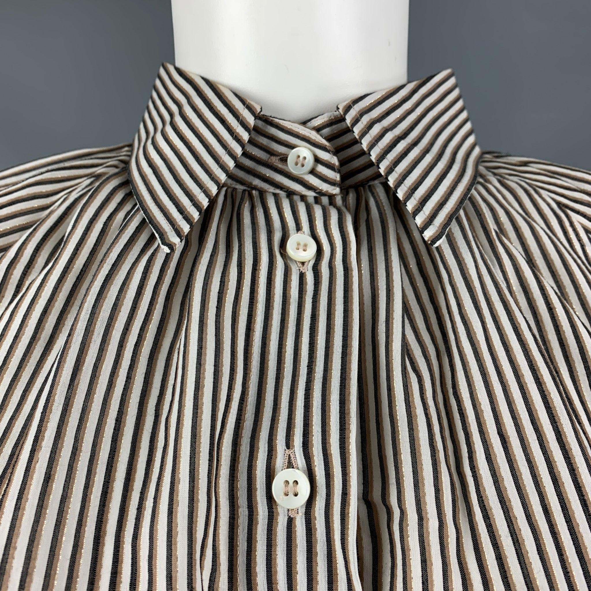 BRUNELLO CUCINELLI 3/4
 sleeves shirt comes in a white, brown and black striped cotton blend woven material featuring a puff sleeve, and button down closure. Made in Italy.Excellent Pre-Owned Condition. 

Marked:   L 

Measurements: 
 
Shoulder: 16