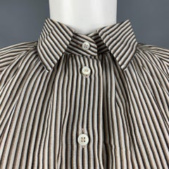 BRUNELLO CUCINELLI Size L White Brown  Black Cotton Blend Stripe Casual Top