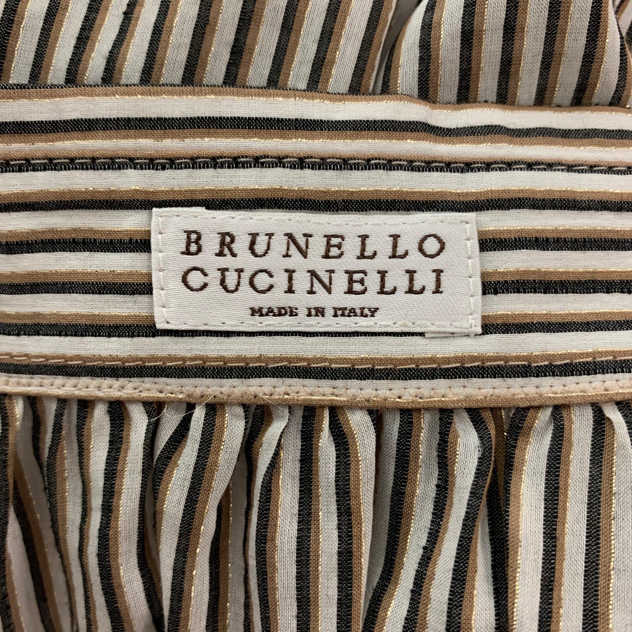 BRUNELLO CUCINELLI Size L White Brown  Black Cotton Blend Stripe Casual Top For Sale 1