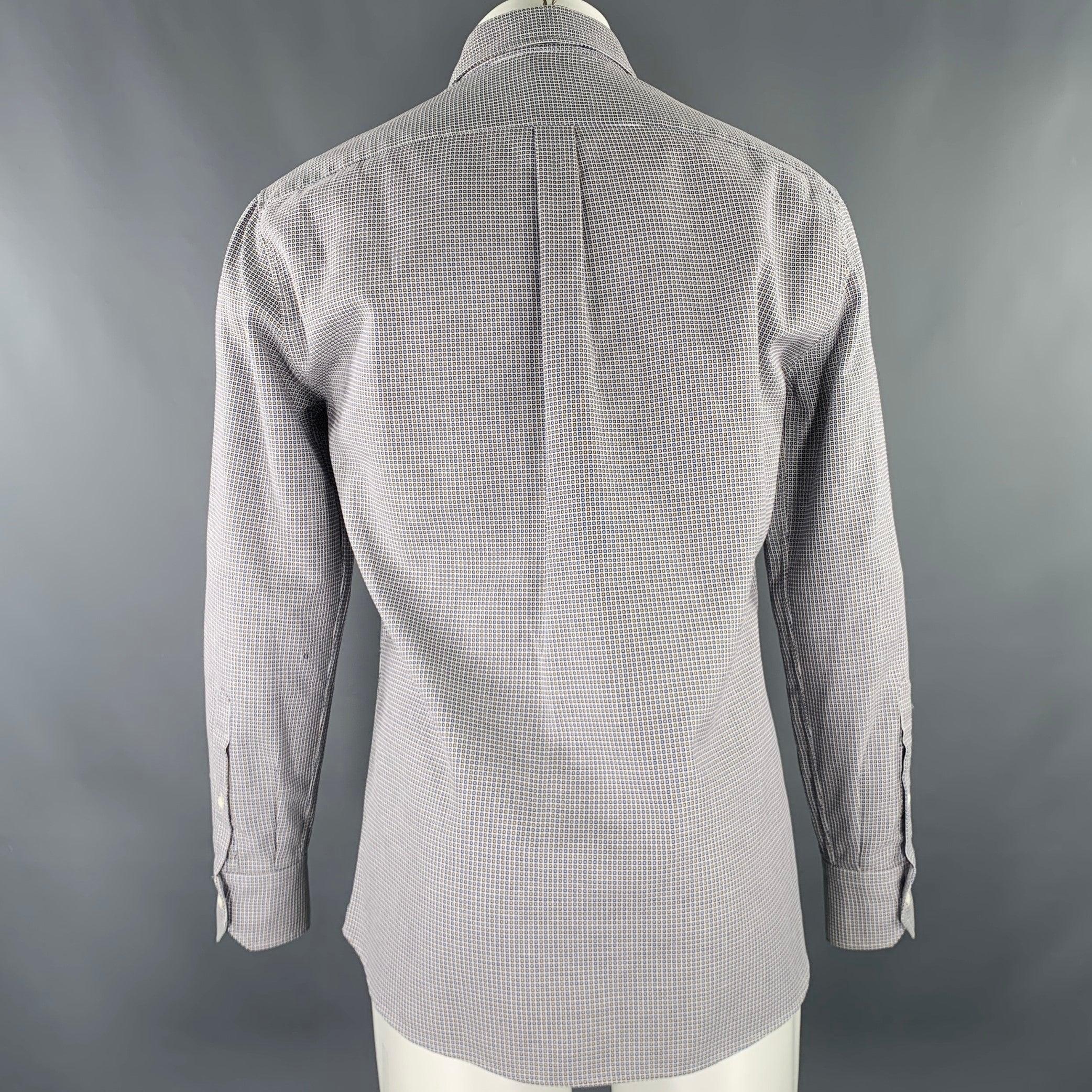 BRUNELLO CUCINELLI Size M Blue Brown Jacquard Cotton Long Sleeve Shirt In Good Condition For Sale In San Francisco, CA