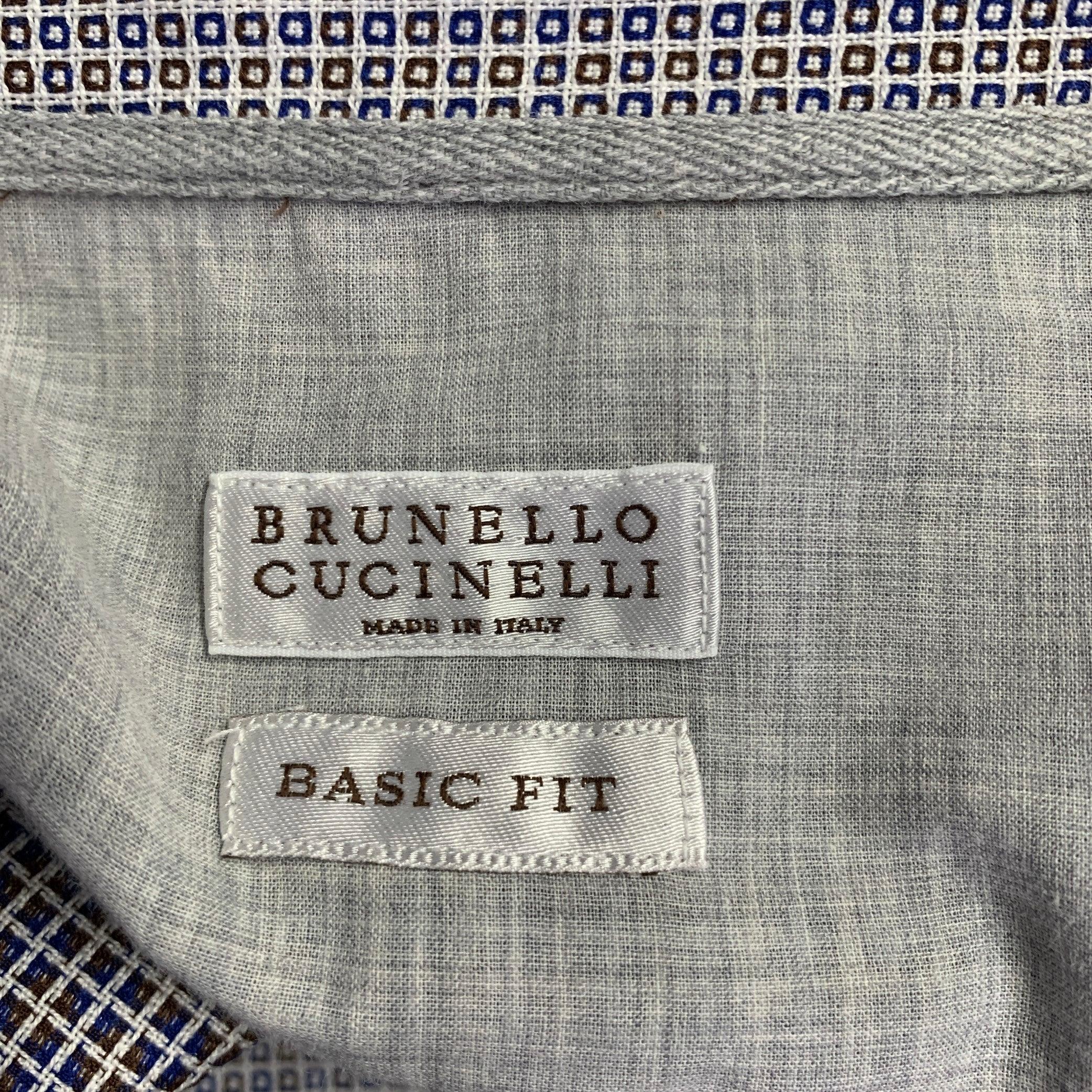 BRUNELLO CUCINELLI Size M Blue Brown Jacquard Cotton Long Sleeve Shirt For Sale 1