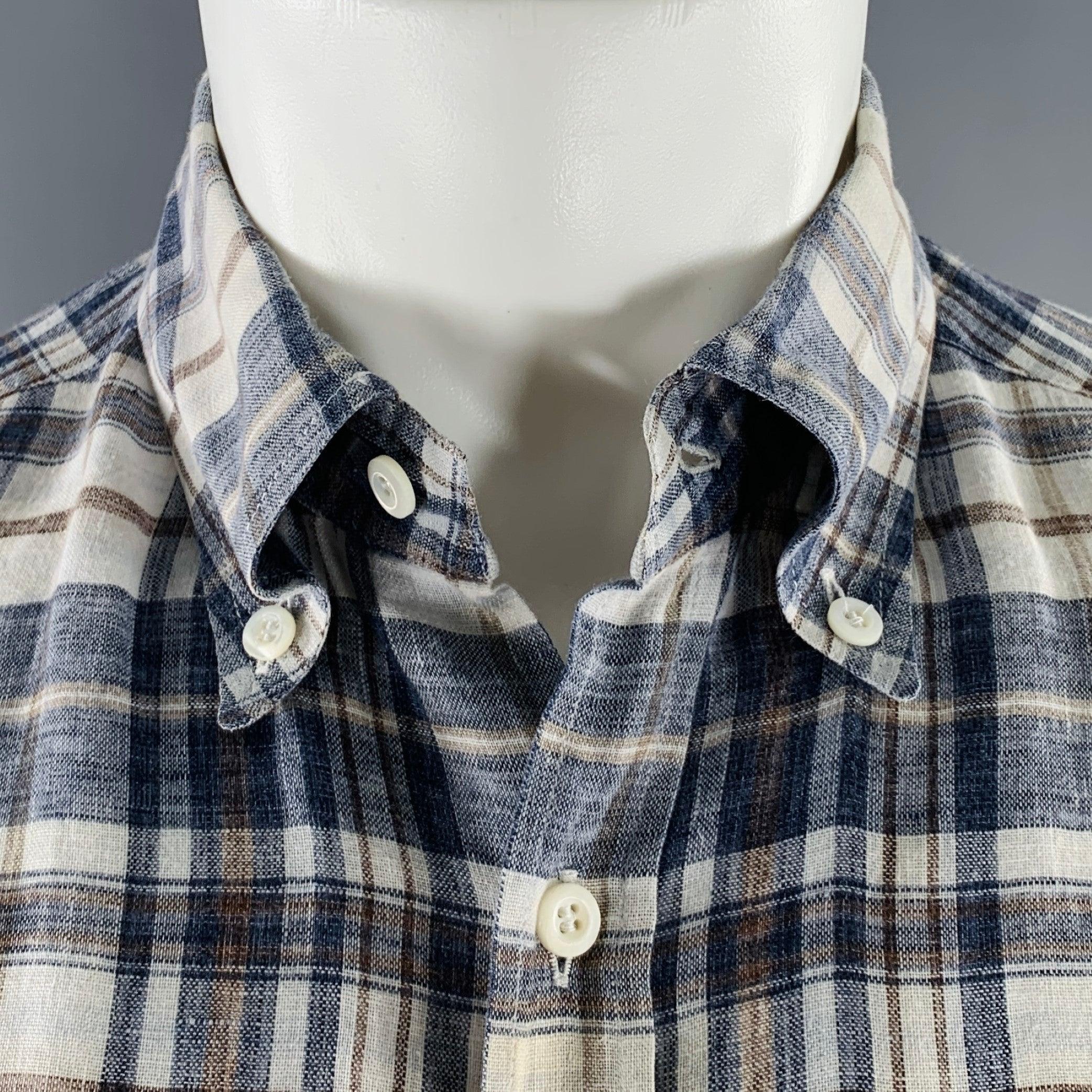 BRUNELLO CUCINELLI long sleeve shirt
in a blue and brown linen woven fabric featuring a plaid pattern, button down collar, and button closure. Made in Italy. Excellent Pre-Owned Condition. 

Marked:   M 

Measurements: 
 
Shoulder: 16.5 inches