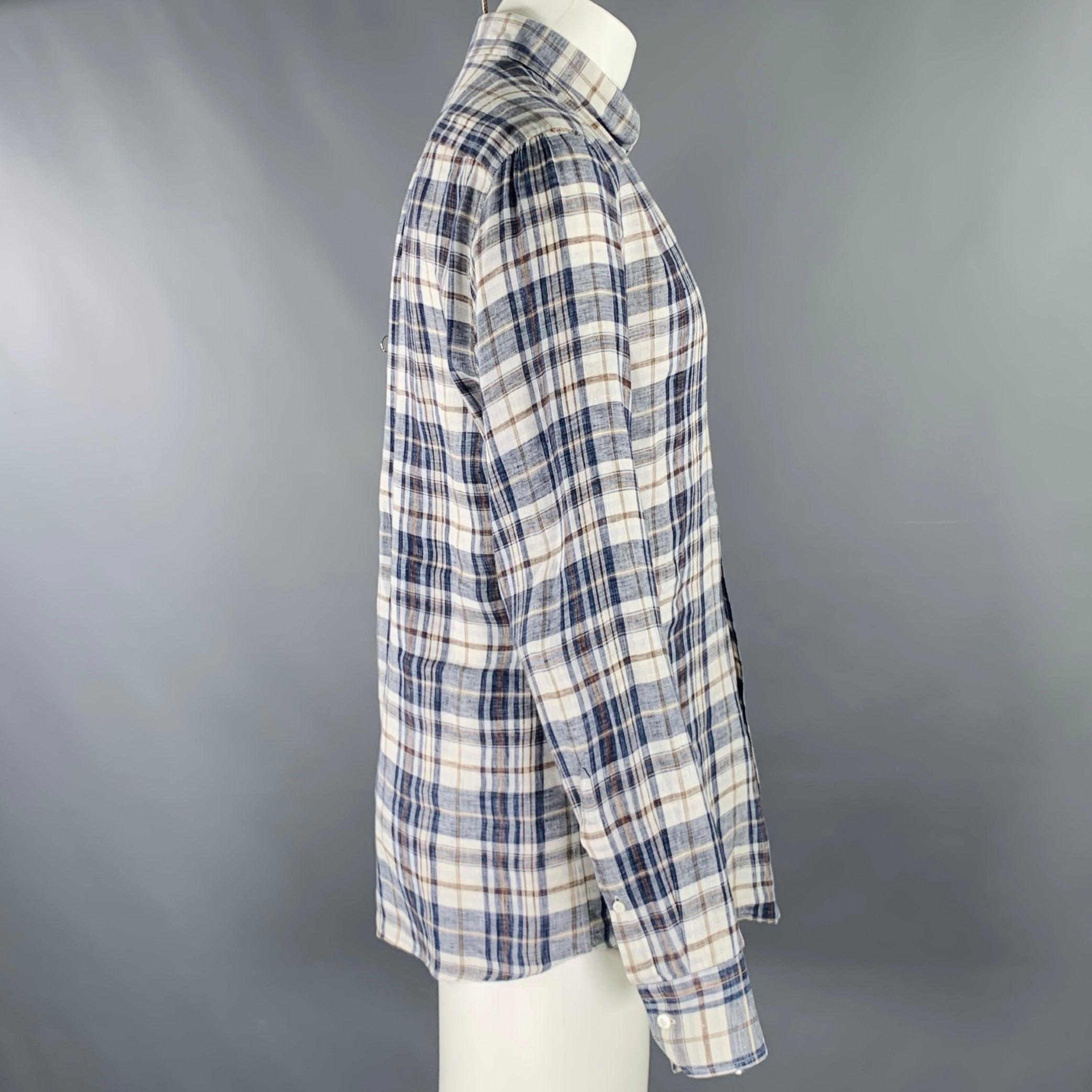 Gray BRUNELLO CUCINELLI Size M Blue Brown Plaid Linen Button Down Long Sleeve Shirt