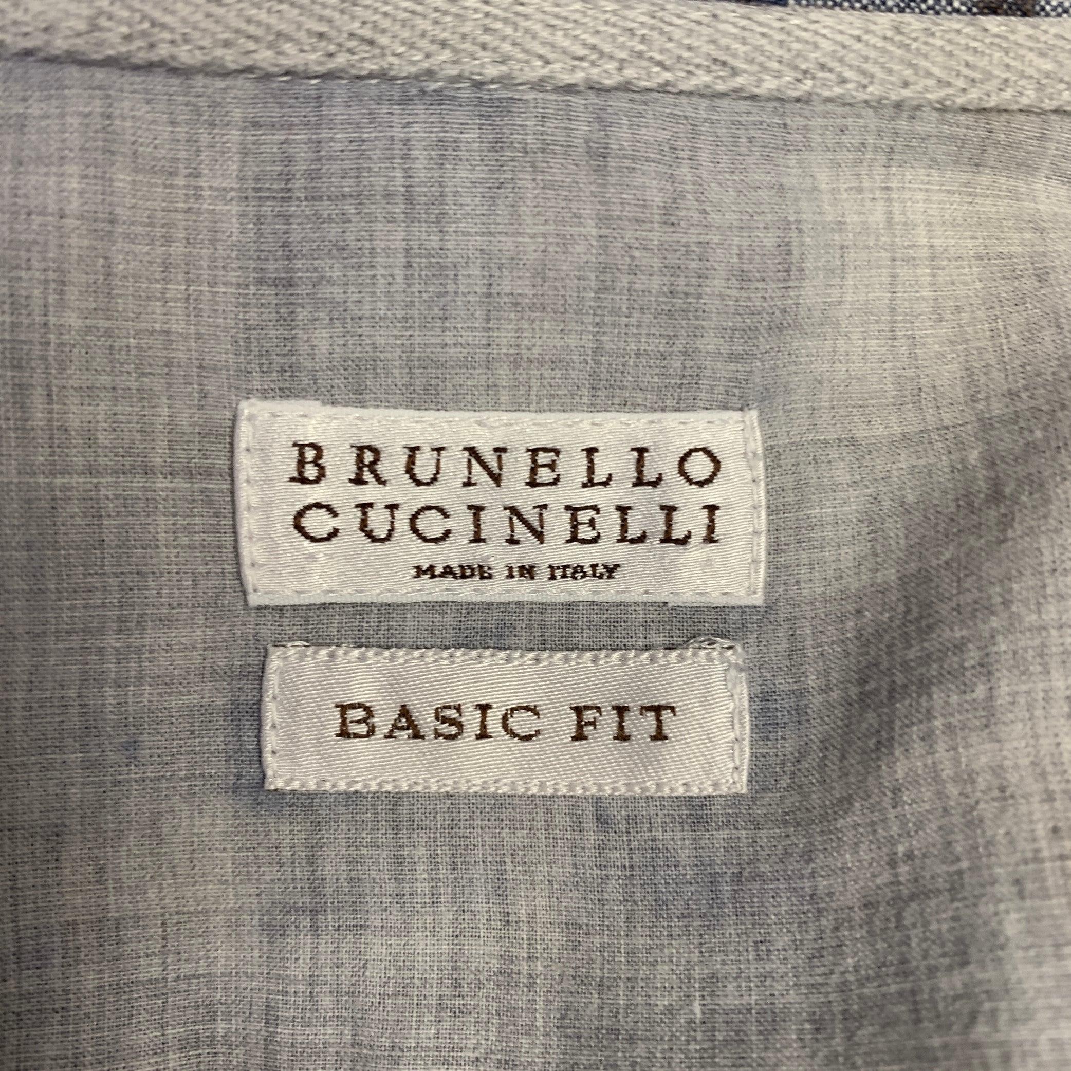 Men's BRUNELLO CUCINELLI Size M Blue Brown Plaid Linen Button Down Long Sleeve Shirt