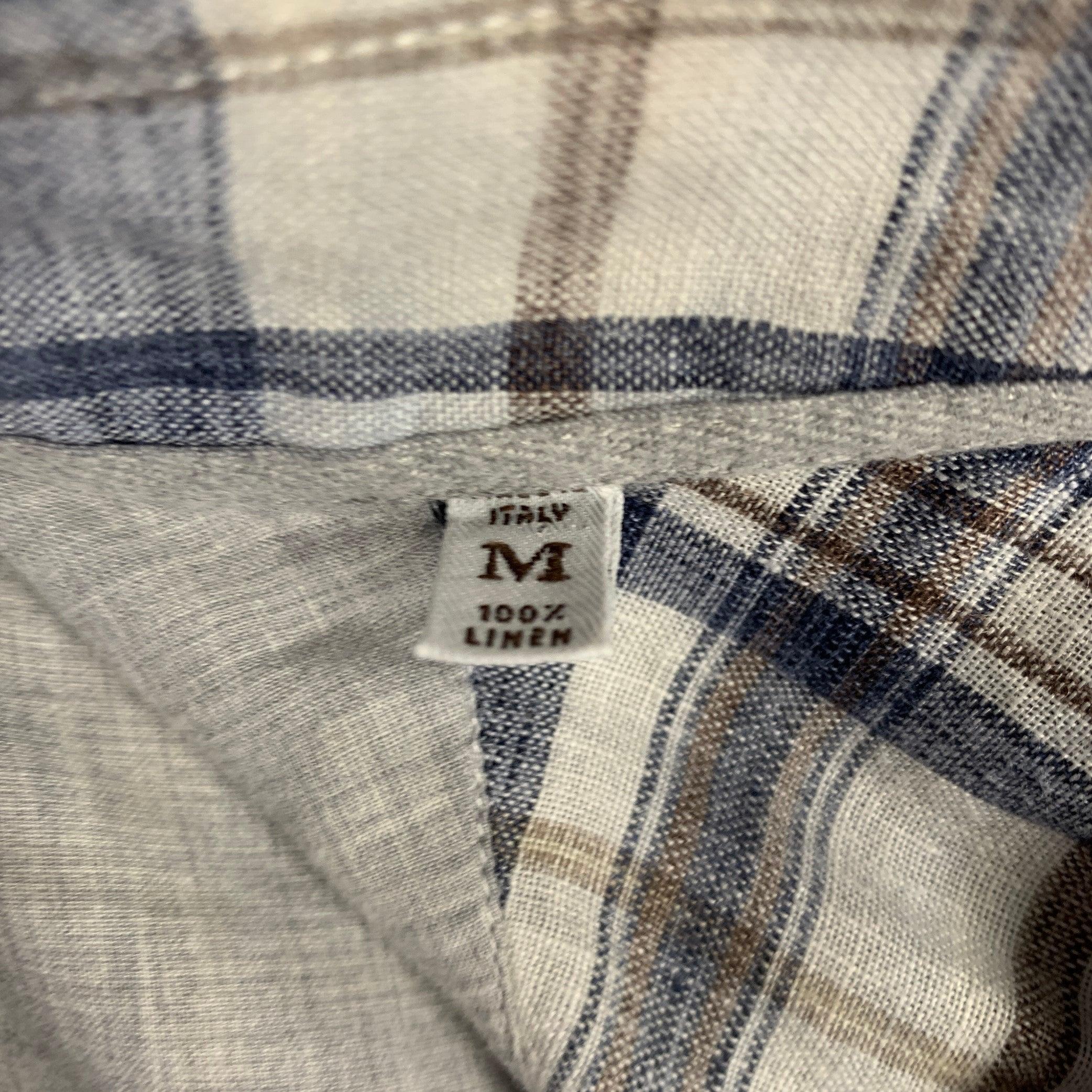 BRUNELLO CUCINELLI Size M Blue Brown Plaid Linen Button Down Long Sleeve Shirt 1