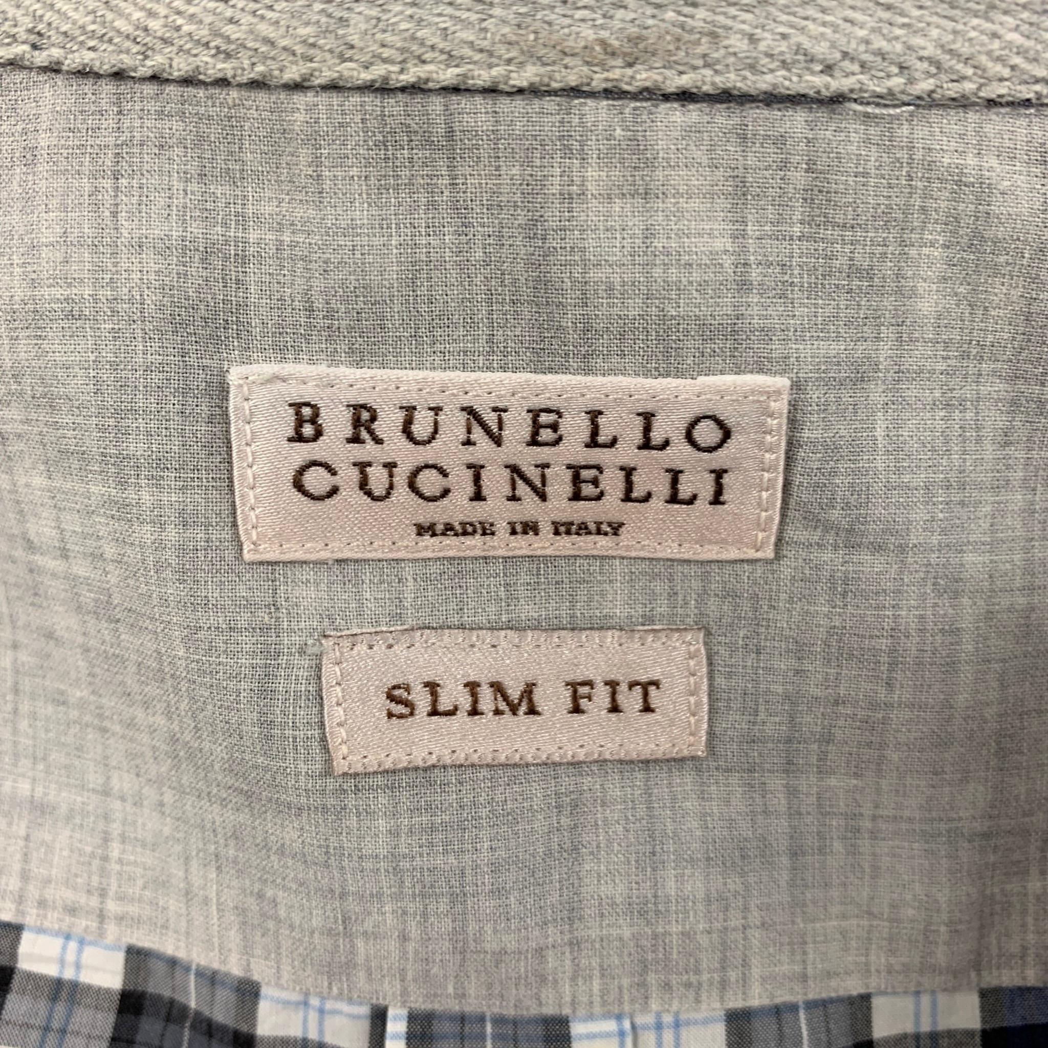 Men's BRUNELLO CUCINELLI Size M Blue White Charcoal Checkered Slim Fit Shirt