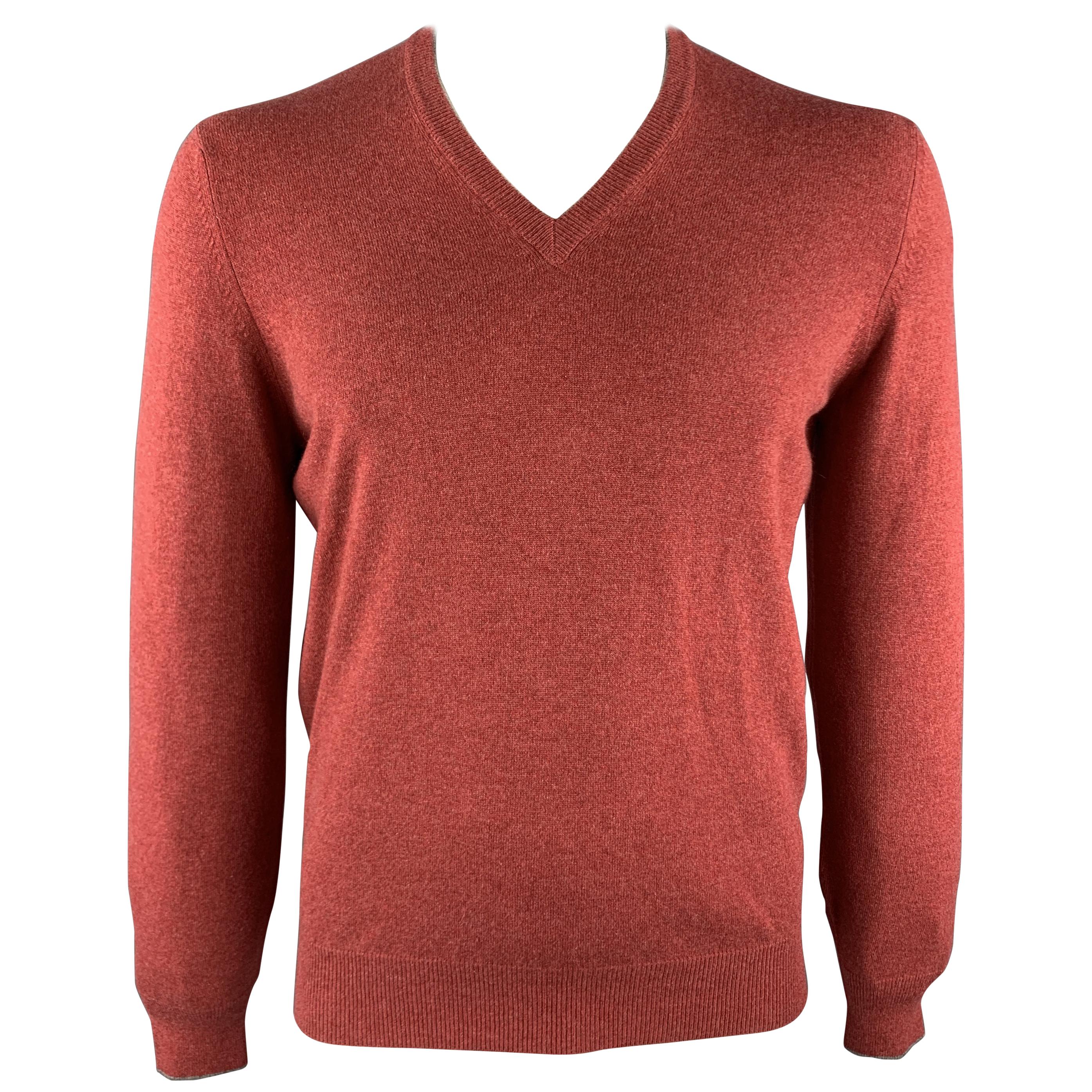 BRUNELLO CUCINELLI Size M Brick Knitted Cashmere V-Neck Pullover Sweater