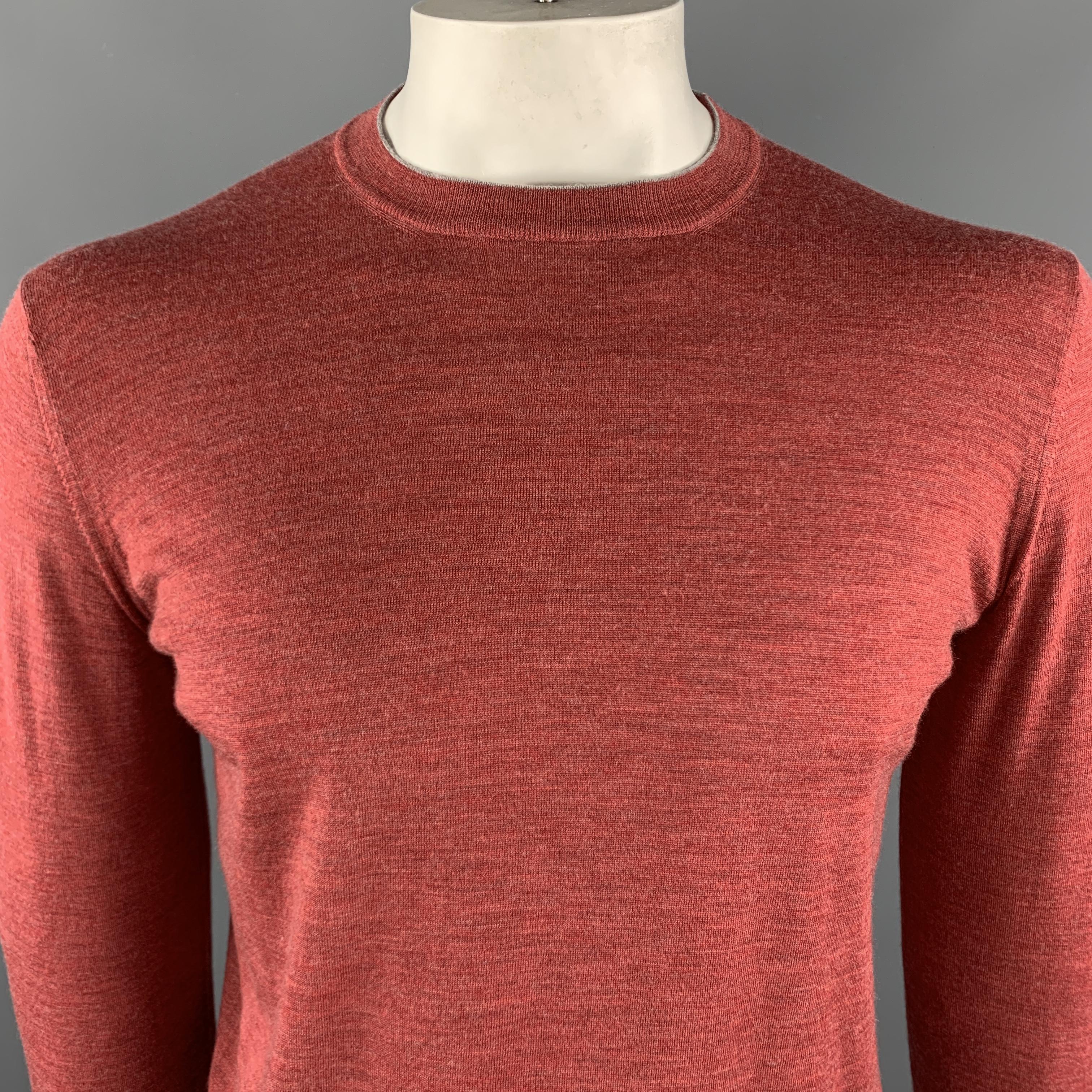 BRUNELLO CUCINELLI Pullover Sweater comes in a brick tone in a knitted wool cashmere material, with a crewneck, and ribbed cuffs and hem. Made in Italy.

Excelent Pre-Owned Condition.
Marked: IT 50

Measurements:

Shoulder: 17 in. 
Chest: 42 in.