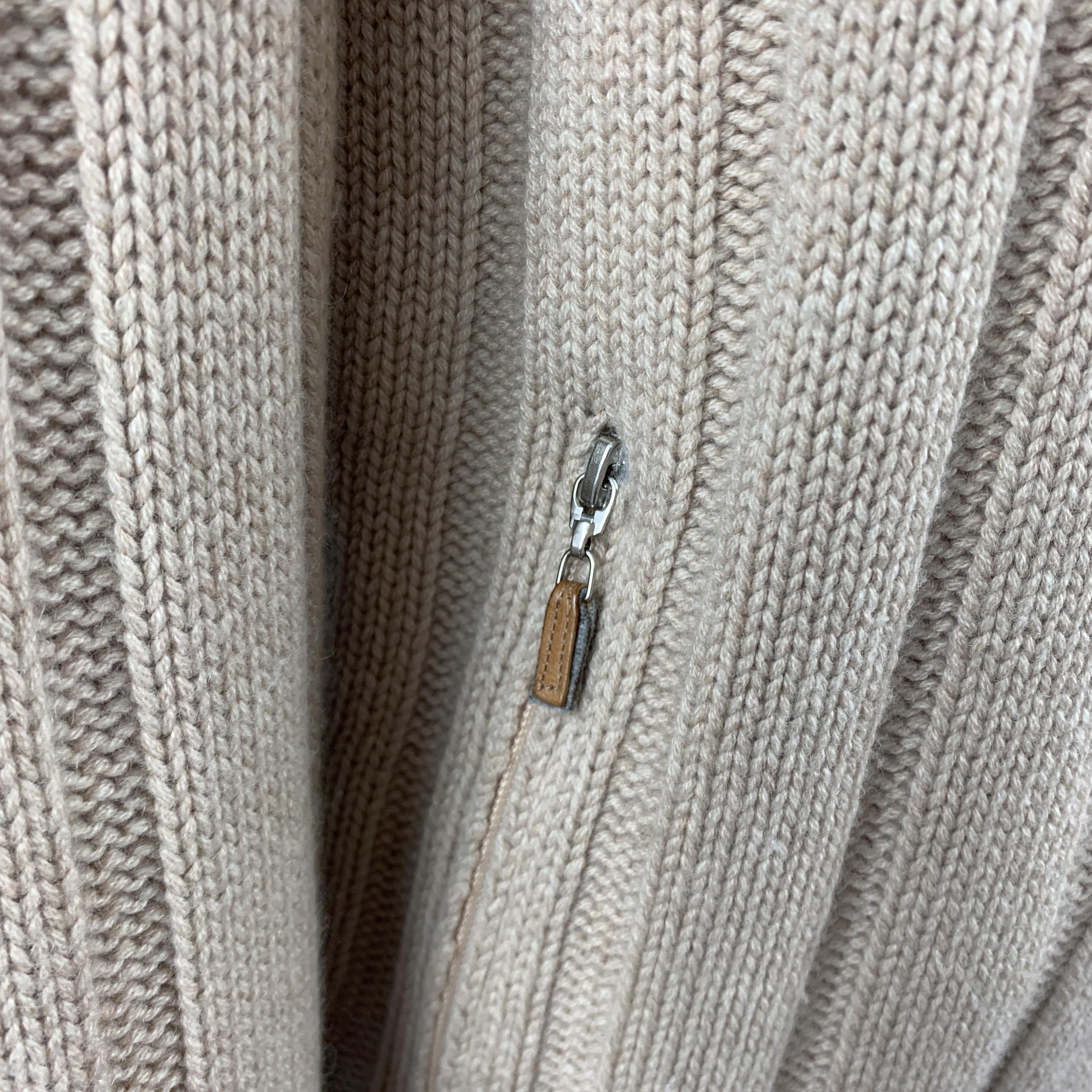 BRUNELLO CUCINELLI Size M Khaki Cashmere Ribbed Knit High Neck Zip Up Cardigan In Good Condition In San Francisco, CA