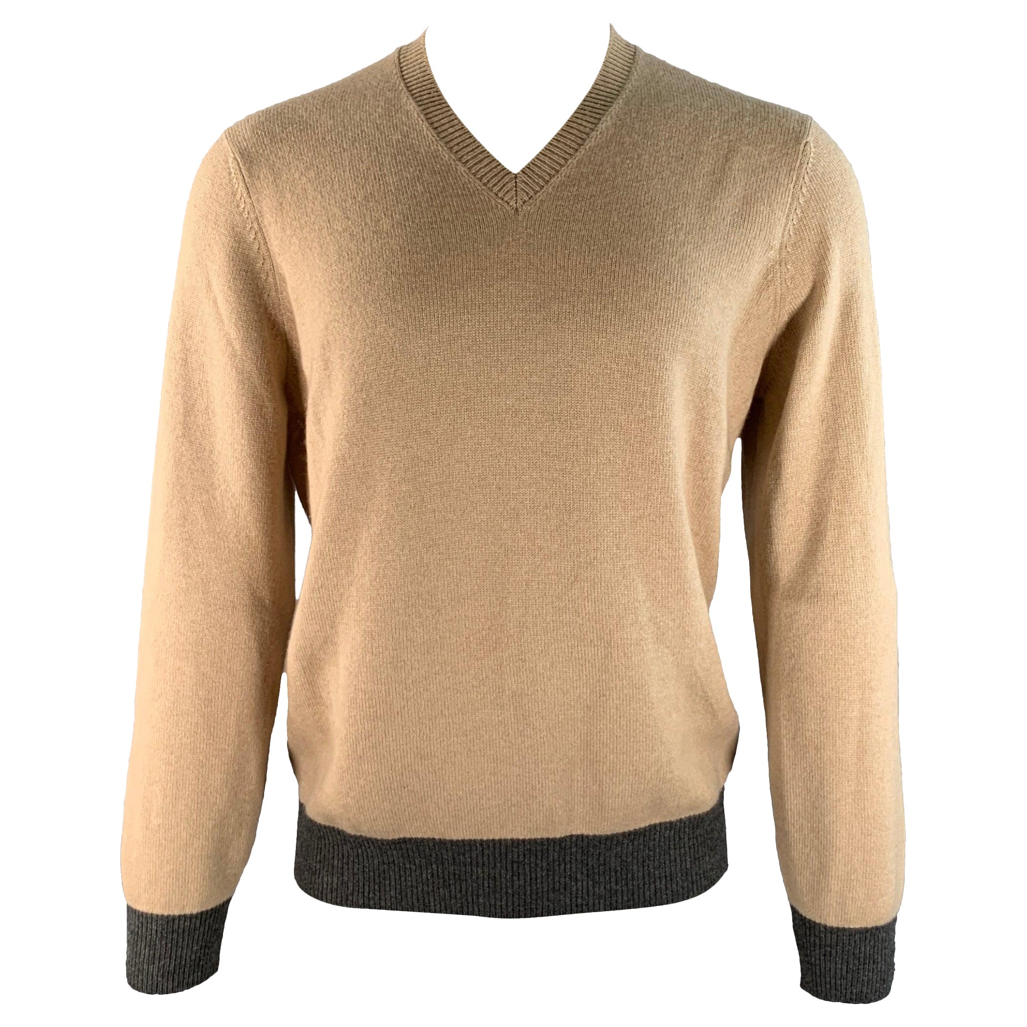BRUNELLO CUCINELLI Size M Khaki Grey Color Block Cashmere V-Neck Pullover
