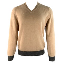BRUNELLO CUCINELLI Size M Khaki Grey Color Block Cashmere V-Neck Pullover