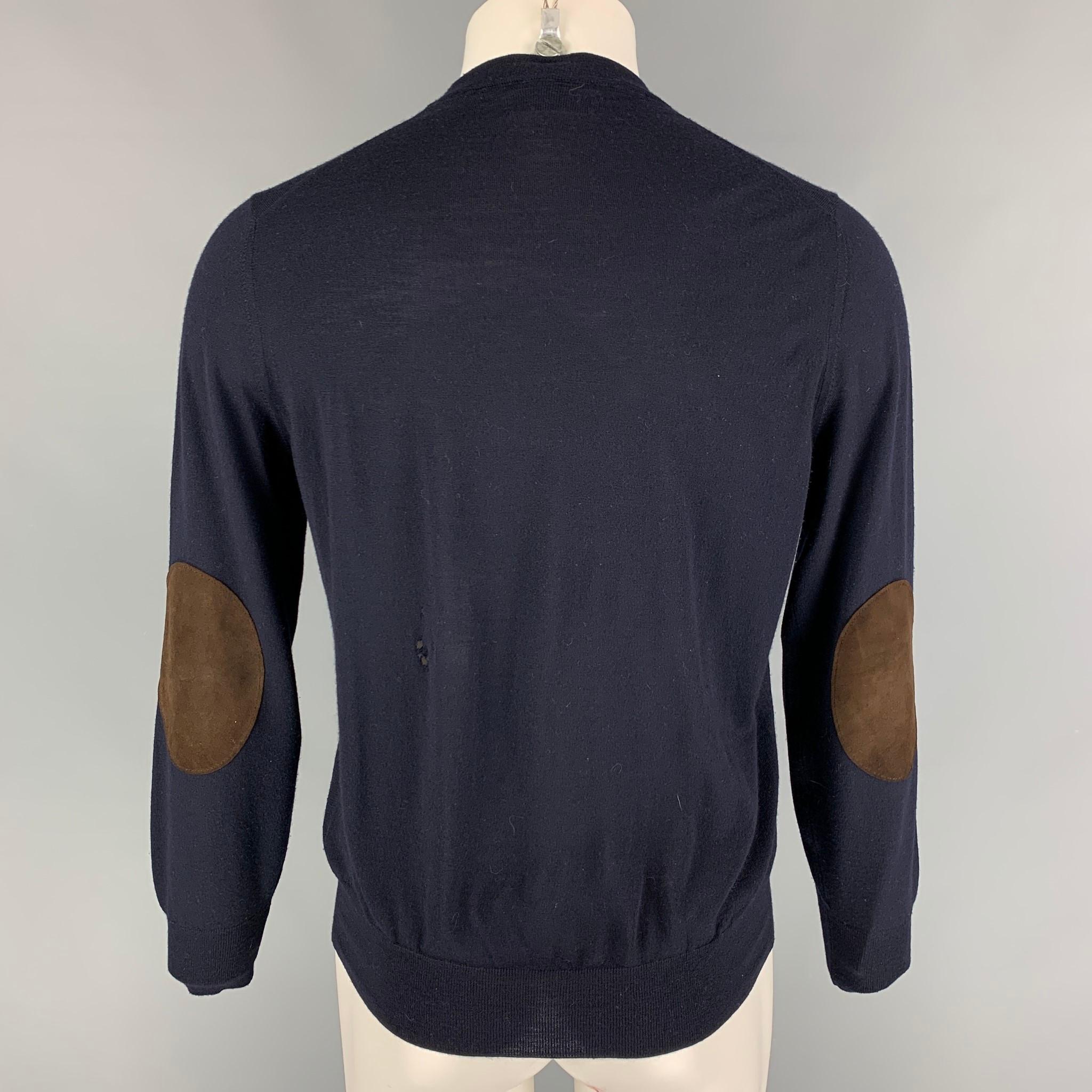 Black BRUNELLO CUCINELLI Size M Navy Brown Wool Cashmere Elbow Patches Pullover