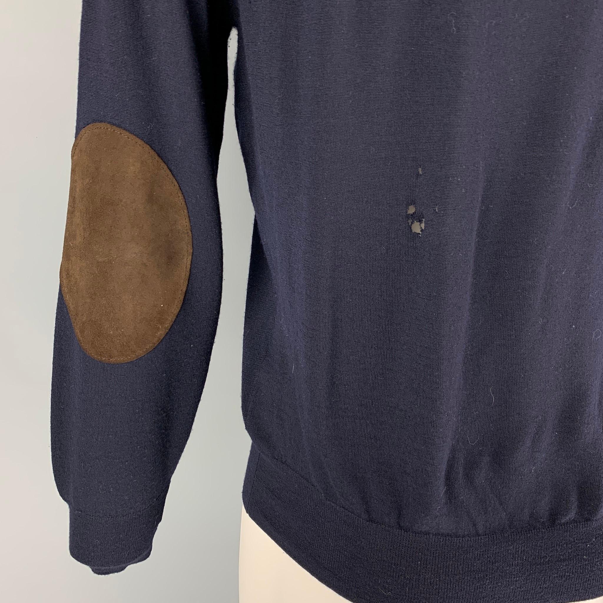 BRUNELLO CUCINELLI Size M Navy Brown Wool Cashmere Elbow Patches Pullover In Good Condition In San Francisco, CA