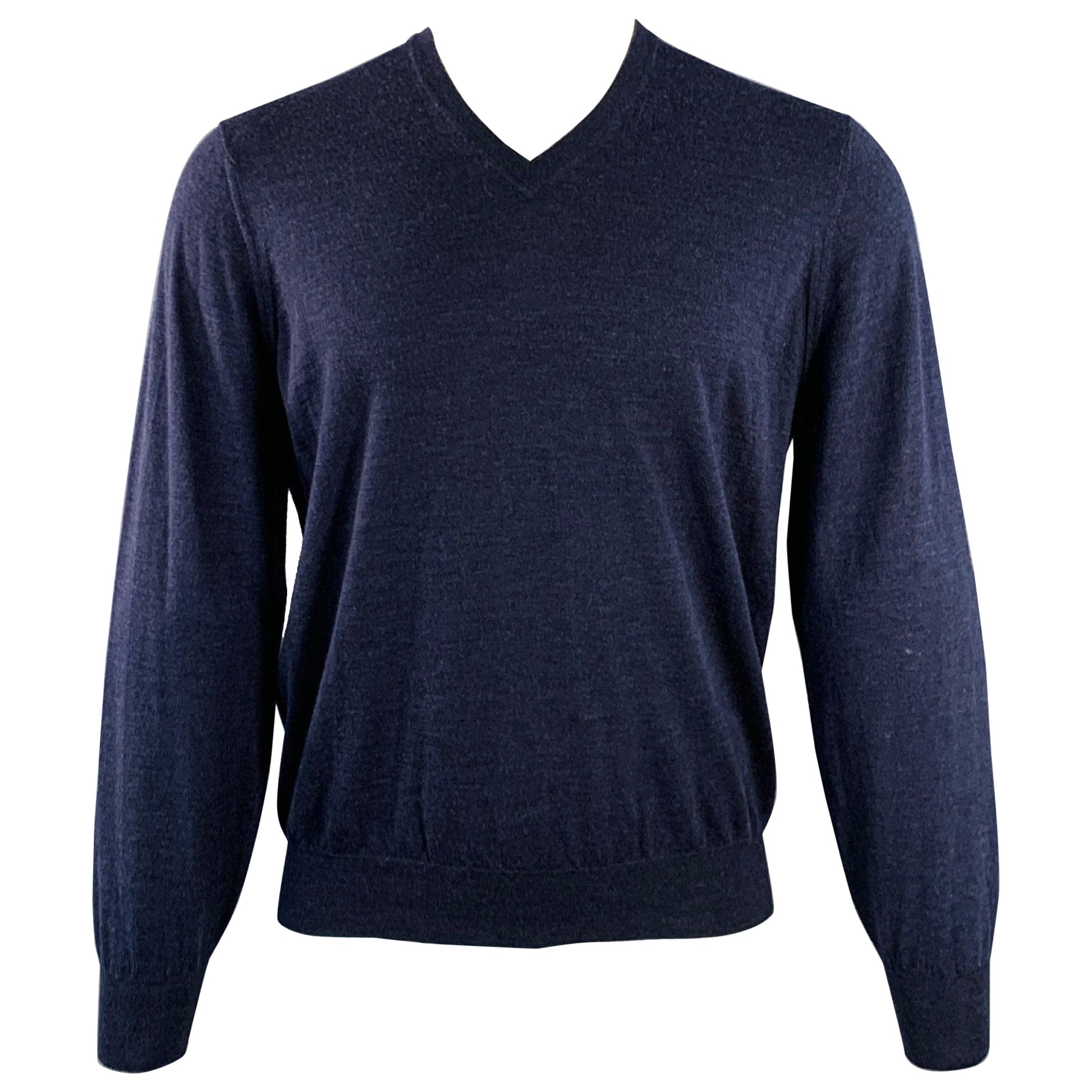 BRUNELLO CUCINELLI Size M Navy Jersey Wool Cashmere V-Neck Pullover