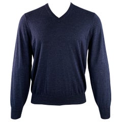 BRUNELLO CUCINELLI Size M Navy Jersey Wool Cashmere V-Neck Pullover