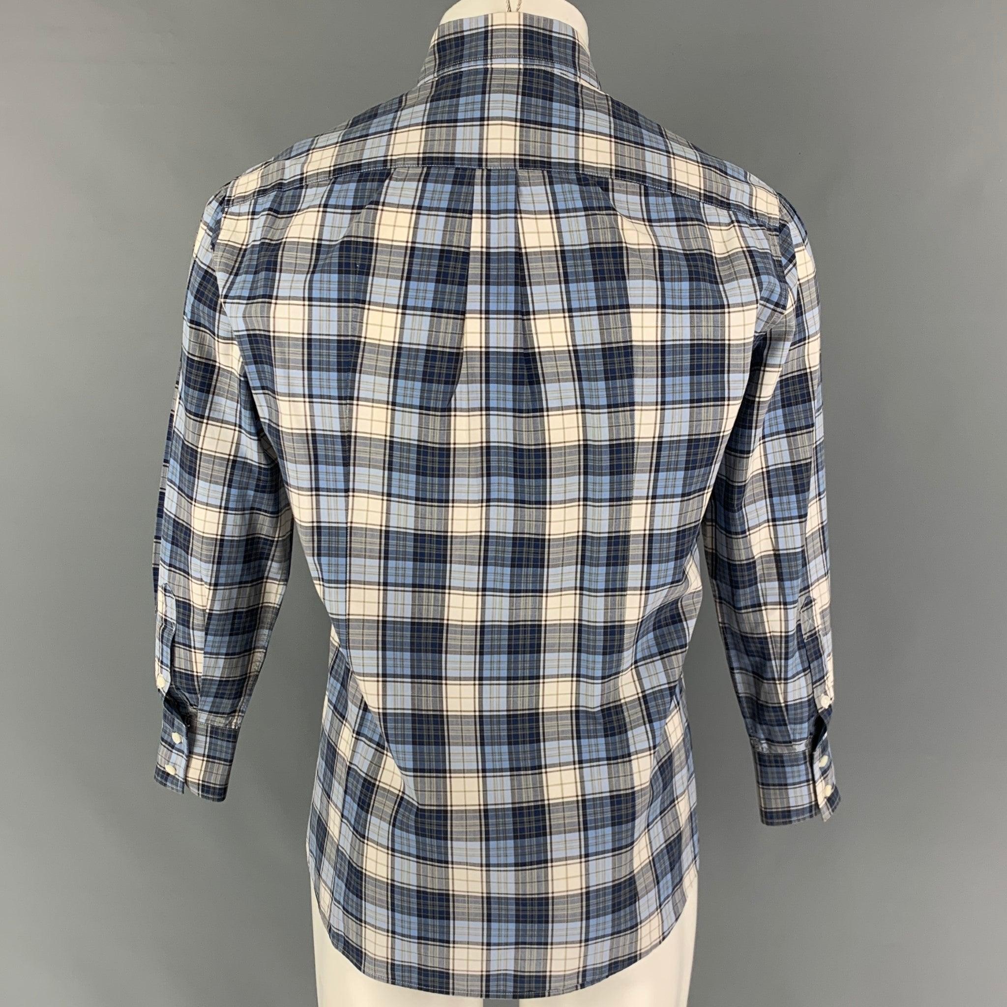 BRUNELLO CUCINELLI Size S Blue Navy Plaid Cotton Button Down Long Sleeve Shirt In Good Condition For Sale In San Francisco, CA