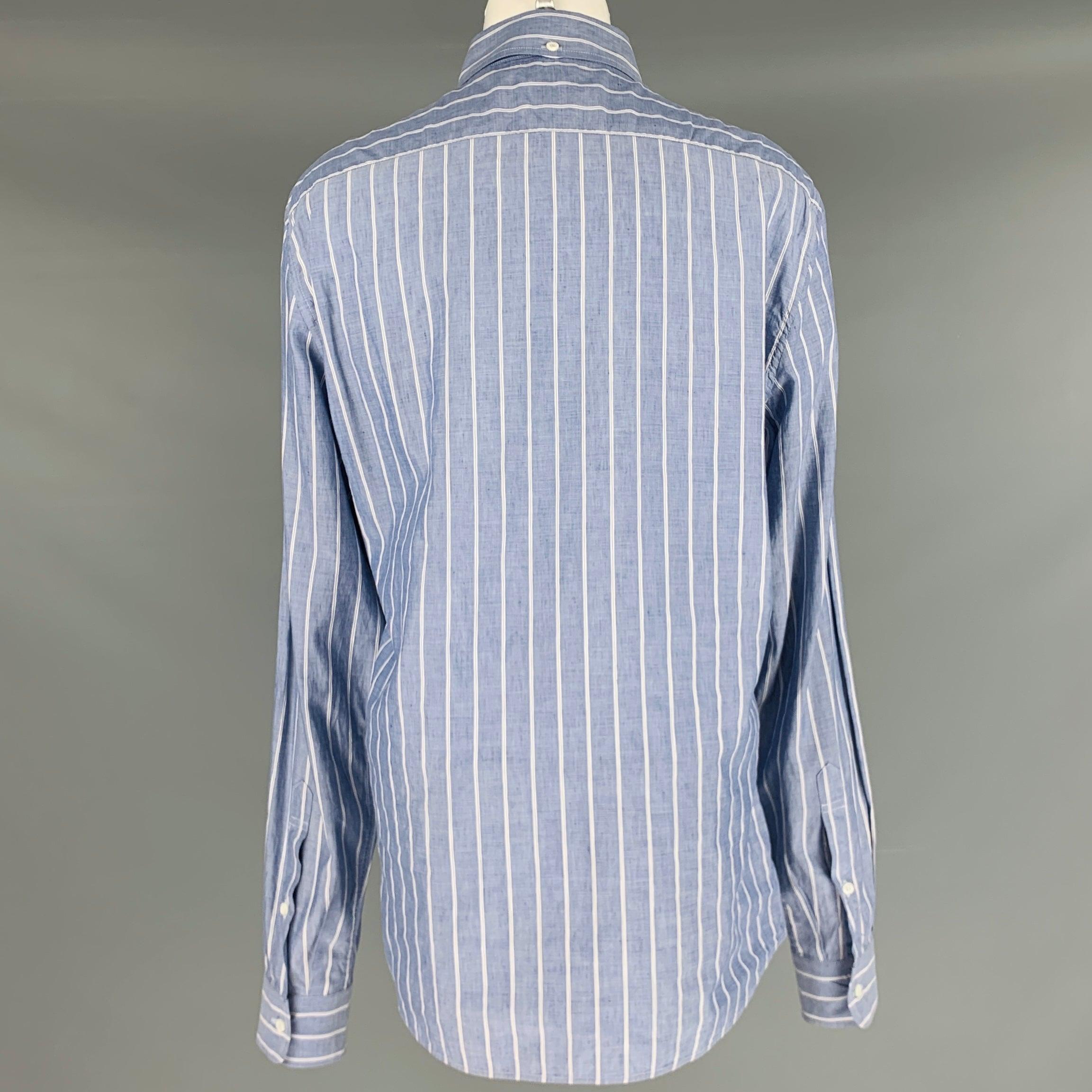 Men's BRUNELLO CUCINELLI Size S Blue White Stripe Long Placket Long Sleeve Shirt For Sale
