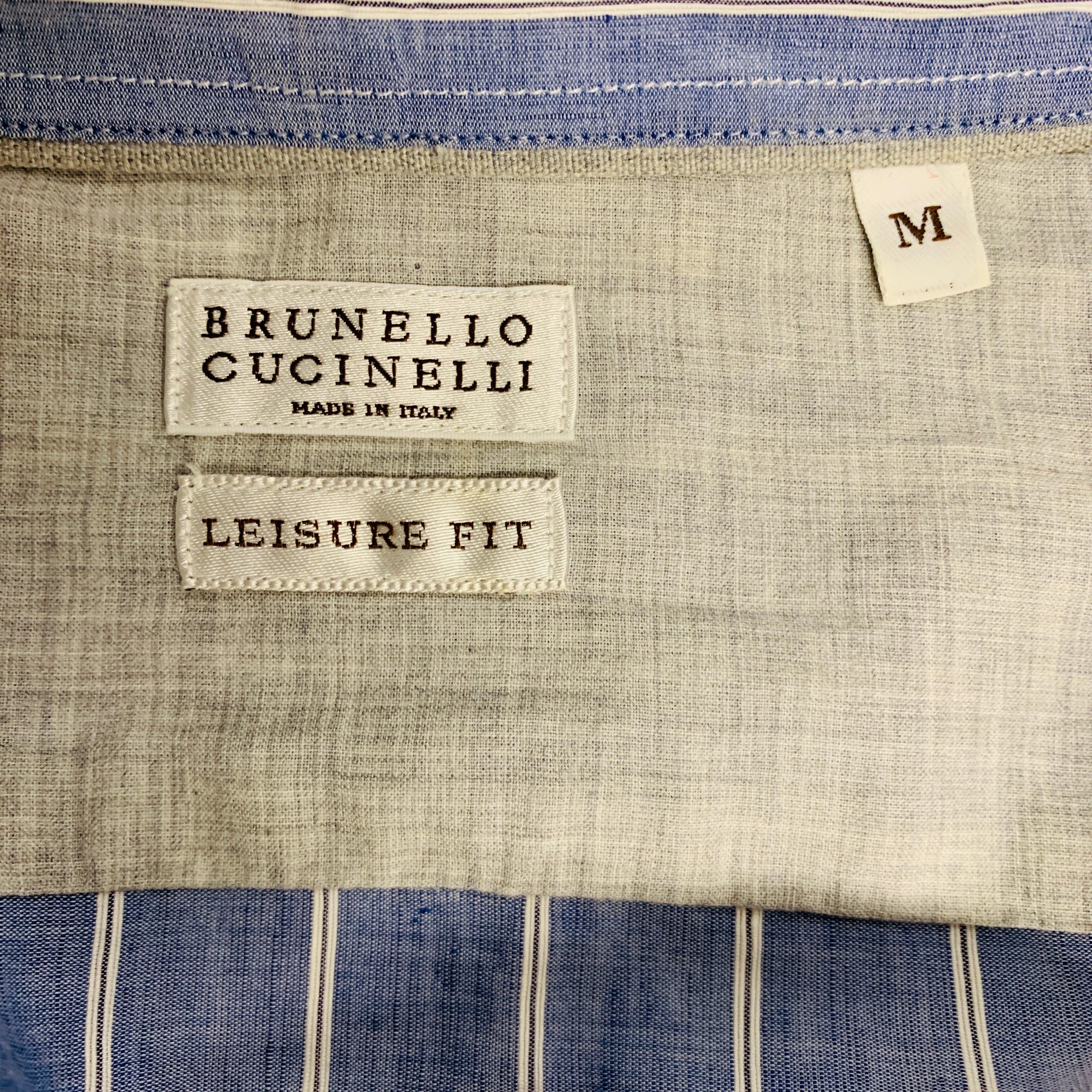 BRUNELLO CUCINELLI Size S Blue White Stripe Long Placket Long Sleeve Shirt For Sale 1