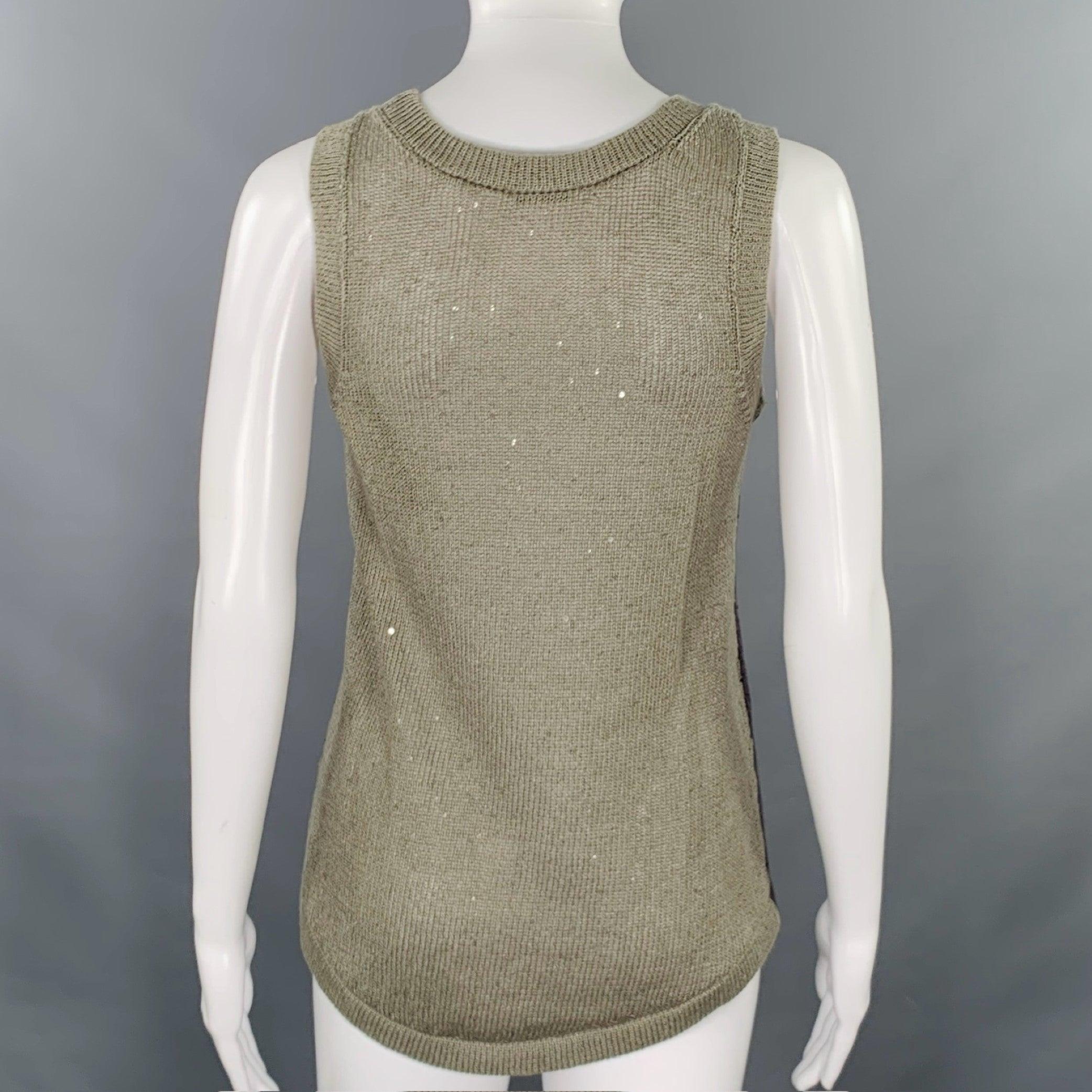 BRUNELLO CUCINELLI Größe S Grün Sage Leinenmischung stricken ärmelloses lässiges Top (Braun) im Angebot