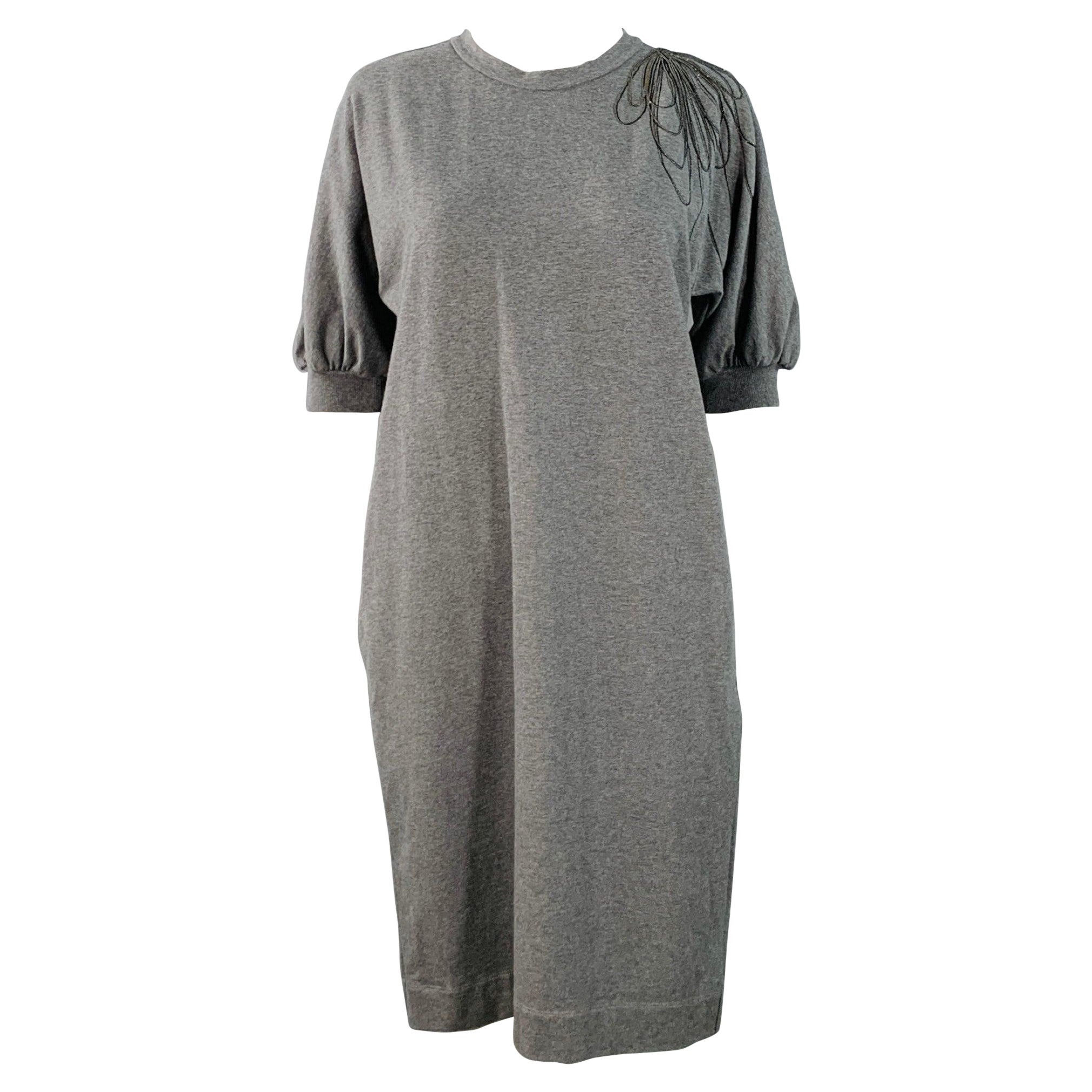 BRUNELLO CUCINELLI Size S Grey Cotton Blend Jersey Floral Monili Beaded Midi T-shirt Dress im Angebot